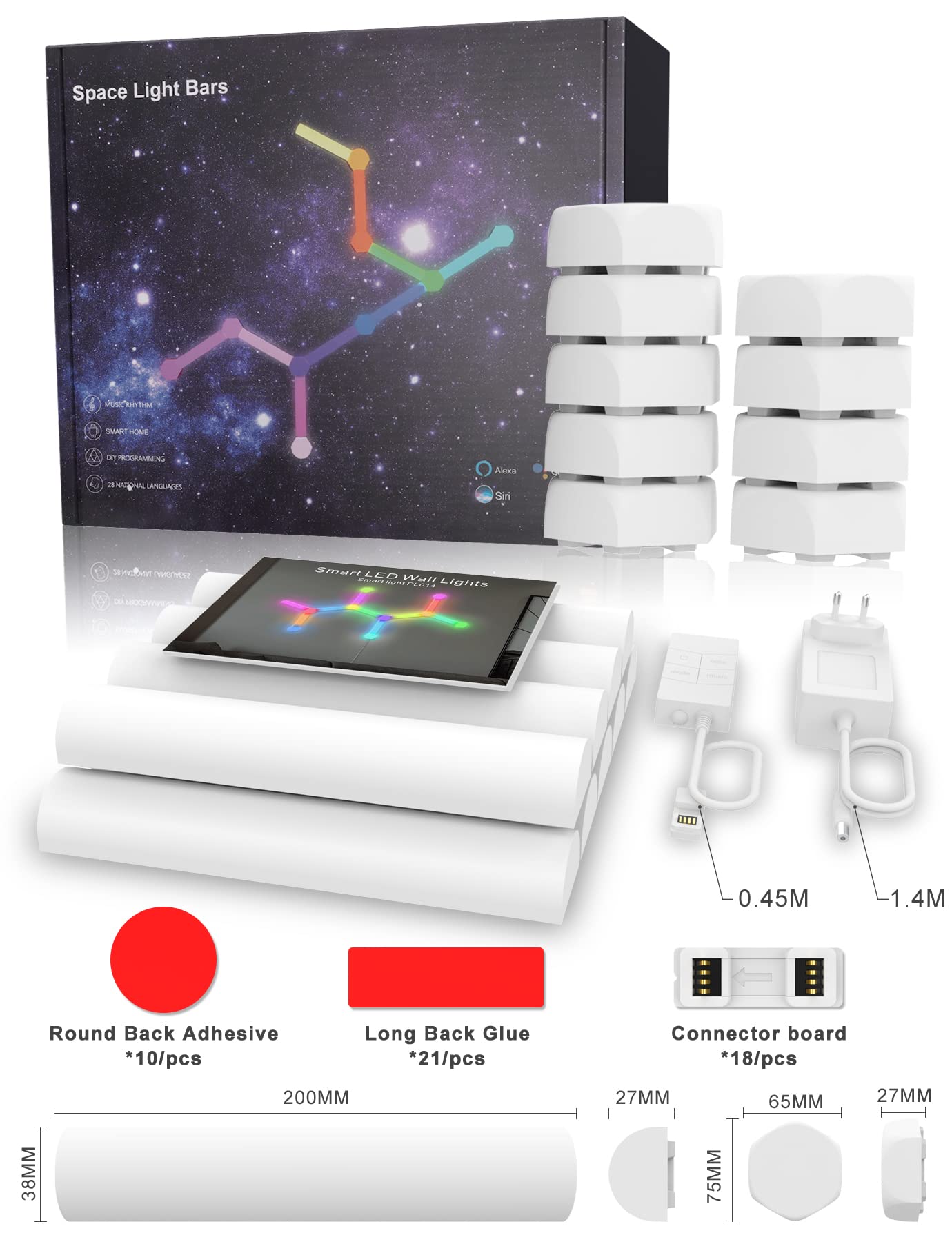 LED Hexagon Light Panels, Wi-Fi RGB Lichtpanels Wandleuchten mit DIY Deko, Musik Sync, App-Steuerung, Funktioniert mit Alexa Google Assistant für Wohnzimmer,Gaming Zimmer, 9+9 LED Panels