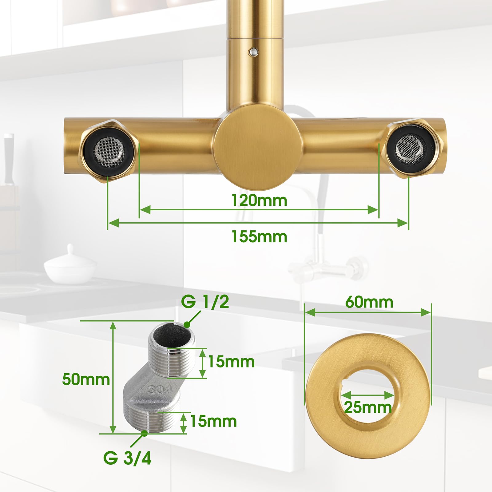 Grifo de montaje en pared con pulverizador lateral, acoplamiento magnético, manguera de silicona flexible, grifos de cocina de acero inoxidable para grifo de utilidad comercial (W-118-TD,
