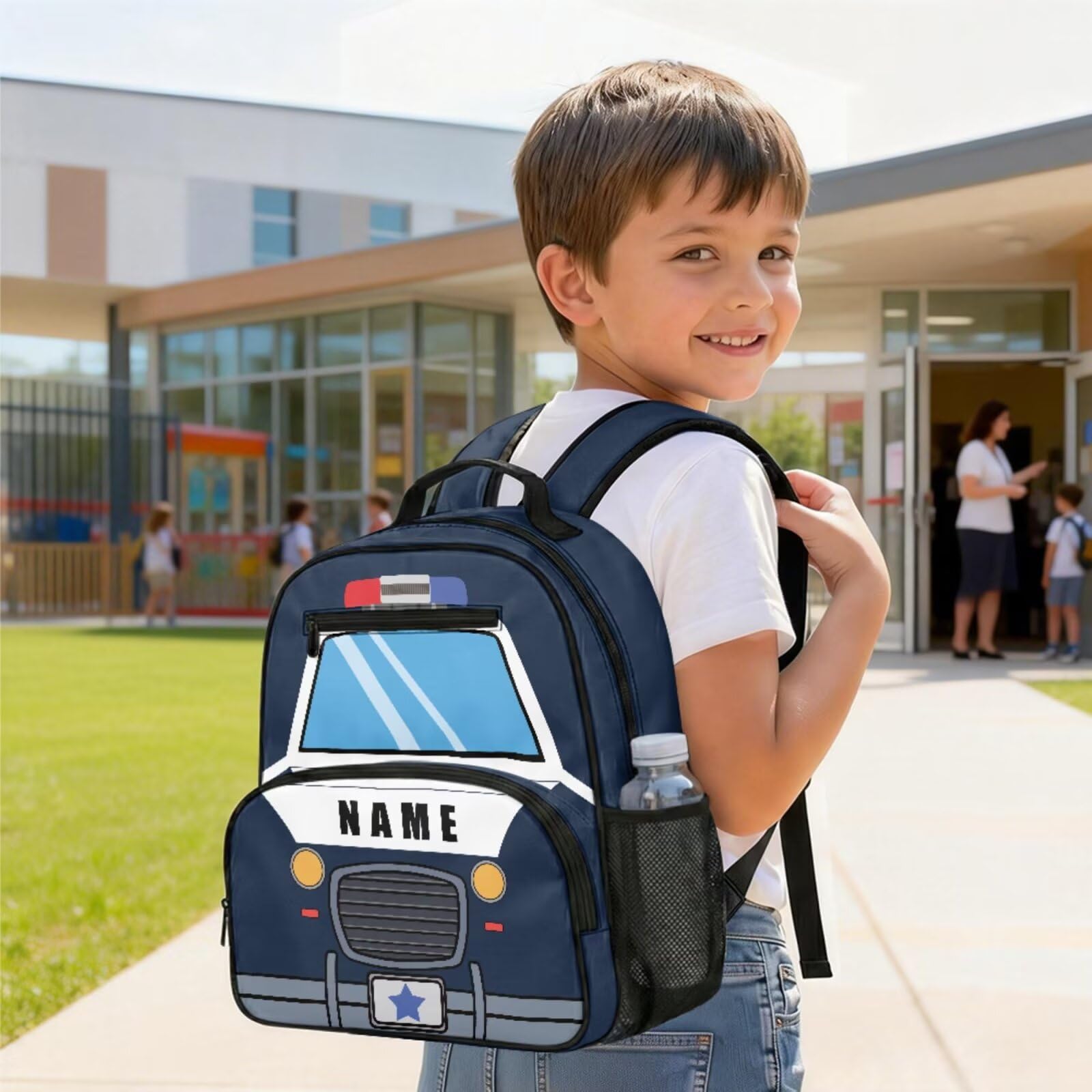 Set di 3 zaini per ragazzi da 3 a 5 anni, zaino scolastico e portapranzo per asilo e ragazzi, borsa per libri prescolari per la scuola, Aggiungi Nome Police Car, S, Classico