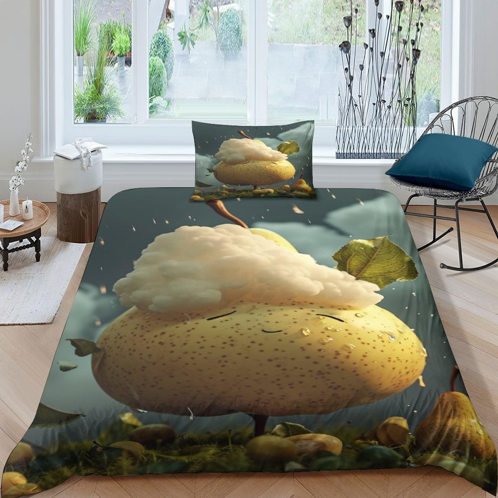Housse de couette enfant motif poire mignonne avec taie d'oreiller 135x200cm pour lit simple