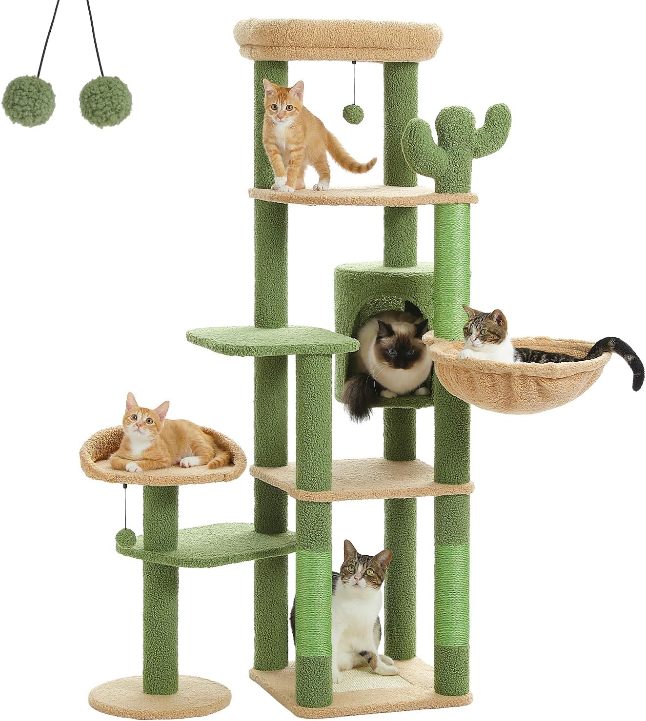 Cactus Cat Tree for Large Cats, 59" Tall Cat Tower with Spacious Condo, Large Hammock, Scratching Posts and 2 Perches, Sturdy Play House for Indoor Cats, Green