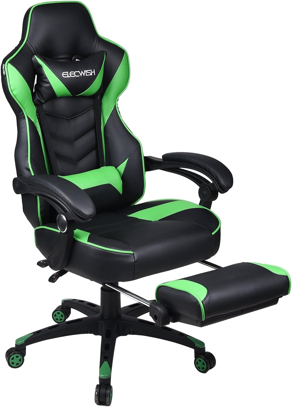 YOURLITEAMZ Computer Gaming Chair with Footrest,High Back Swivel Office Desk Chairs with Lumbar Support,Ergonomic Design with Cushion,PU Leather Black & Green