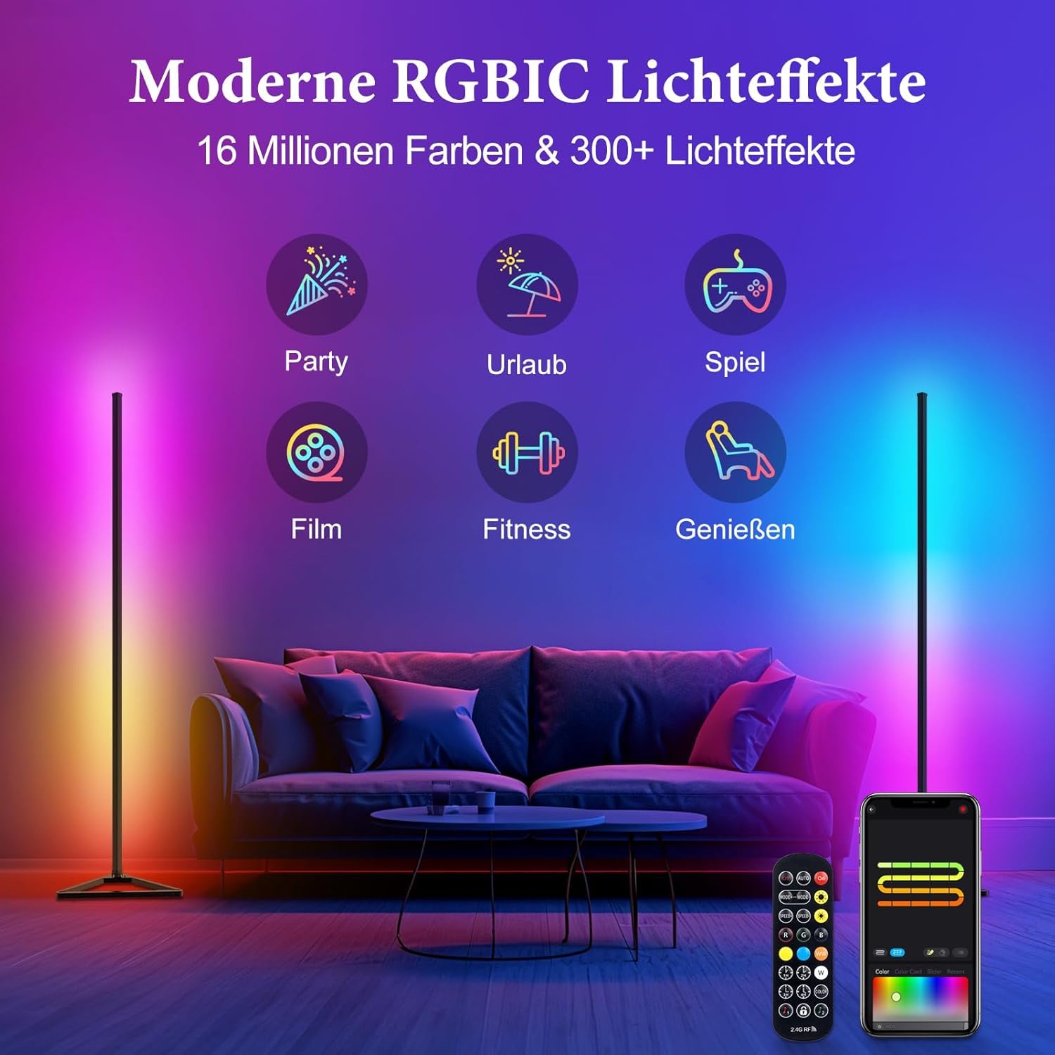 LED Stehlampe Wohnzimmer Dimmbar - 140cm Abnehmbar Stehlampe RGB mit Fernbedienung &APP, 16 Millionen Farben, Musik Sync, Timing-Funktio LED Standleuchte für Schlafzimmer Gaming-Zimmer Deko Wohnzimmer