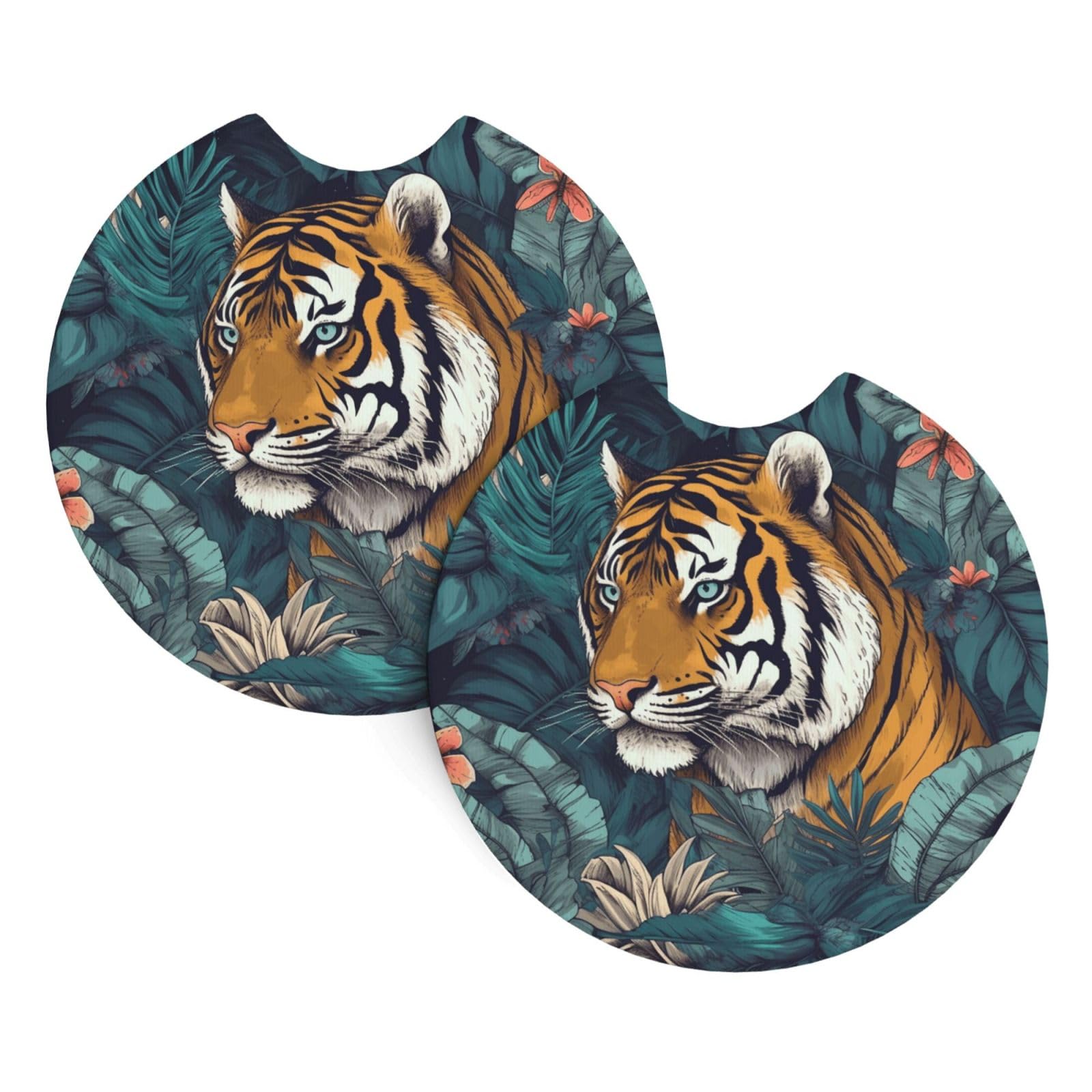 2PCS Car Coaster for Cup Holders Universal Auto Cup Mat Tropical Tiger Cup Coaster Pad 2.7" Waterproof Neoprene Non-Slip Cup Holder Coasters Car Interior Accessories for Women Men