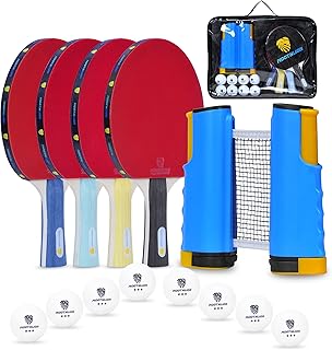 MOOTHLION Ping Pong Paddle Set, Portable Table Tennis Paddles, with Retractable Net, 4 Table Tennis Rackets, 8 Balls, Indoor and Outdoor Play Accessories Kit, Compact Storage Case