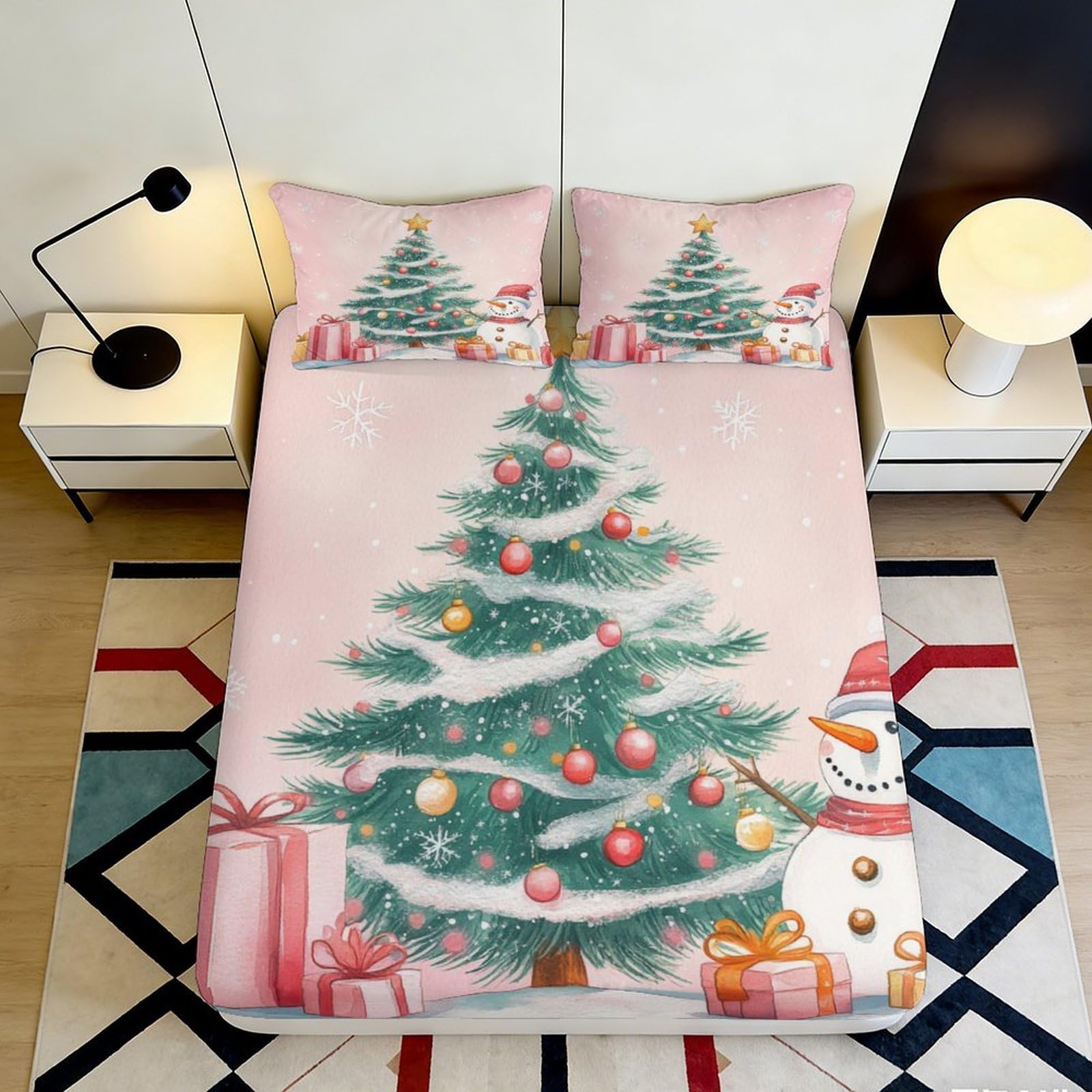 Pnayamiorkfel Style-2 3D Printed Christmas Tree Fitted Sheet Microfiber Soft Pink Snowman Bed Cover Bedroom Guest Room Decoration 90X200x25cm