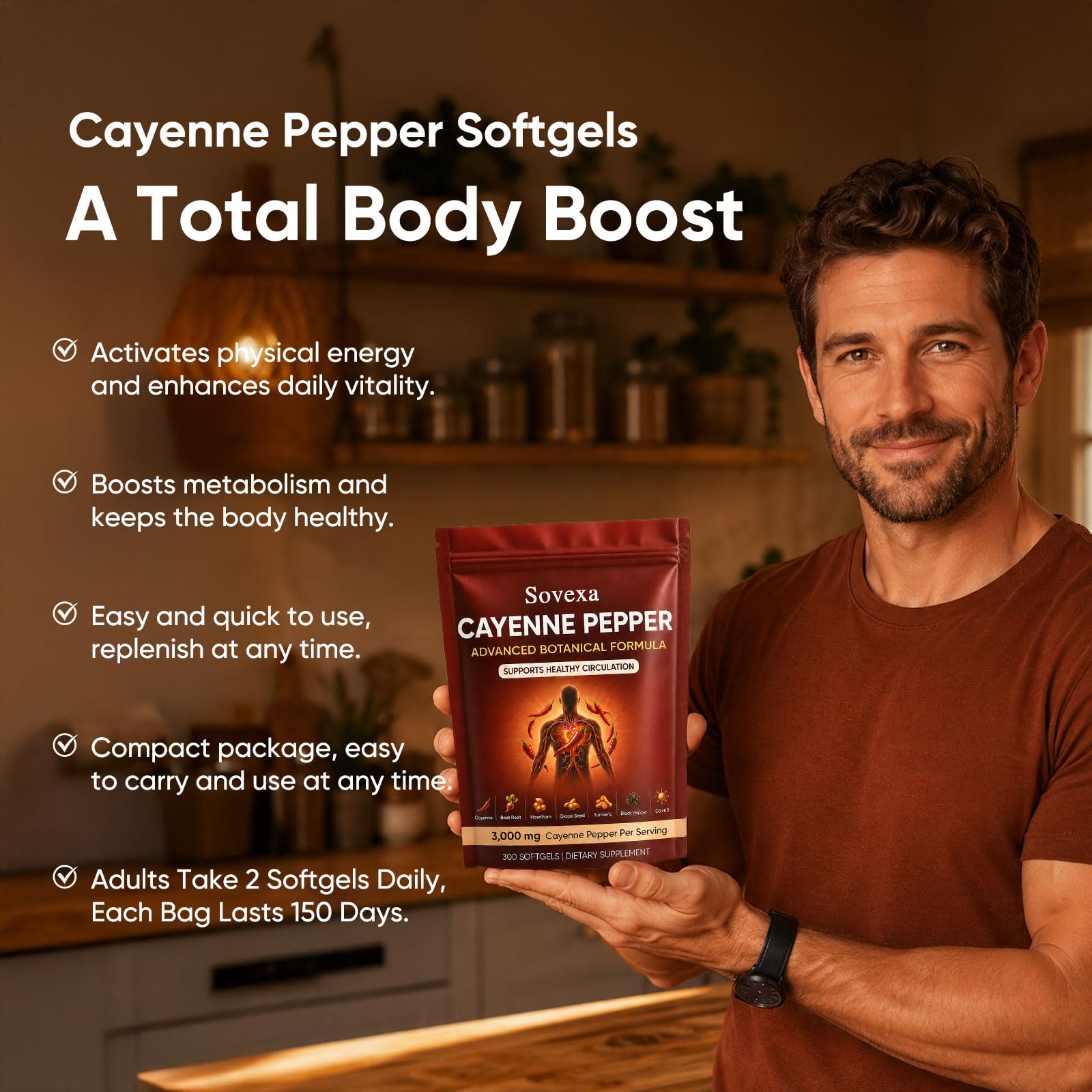 Cayenne Pepper Softgels, Natural Cayenne Pepper Extract Softgels, for Energy & Cardiovascular Wellness, with Grape Seed Oil, Beetroot, and Vitamin D3 & K2, Non-GMO, 300 Softgels — Amazon image 3
