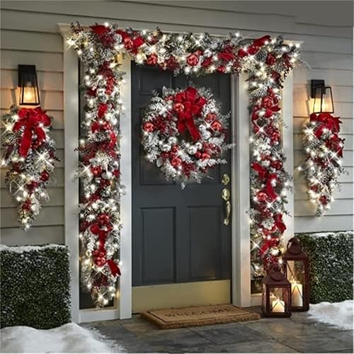 Miniatura 8 de Corona de Navidad para puerta delantera, inalámbrica, rojo y blanco, adornos navideños para colgar en la pared, guirnalda de Navidad, corona de