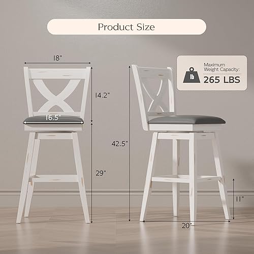 Miniatura 2 de Juego de 2 taburetes de bar, sillas de bar giratorias de 360 grados con respaldo en X, taburete de bar con patas de madera para bar, isla de cocina,