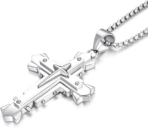 YL Collar de cruz para hombre con colgante de acero inoxidable de 24 pulgadas, joyería de cadena Rolo