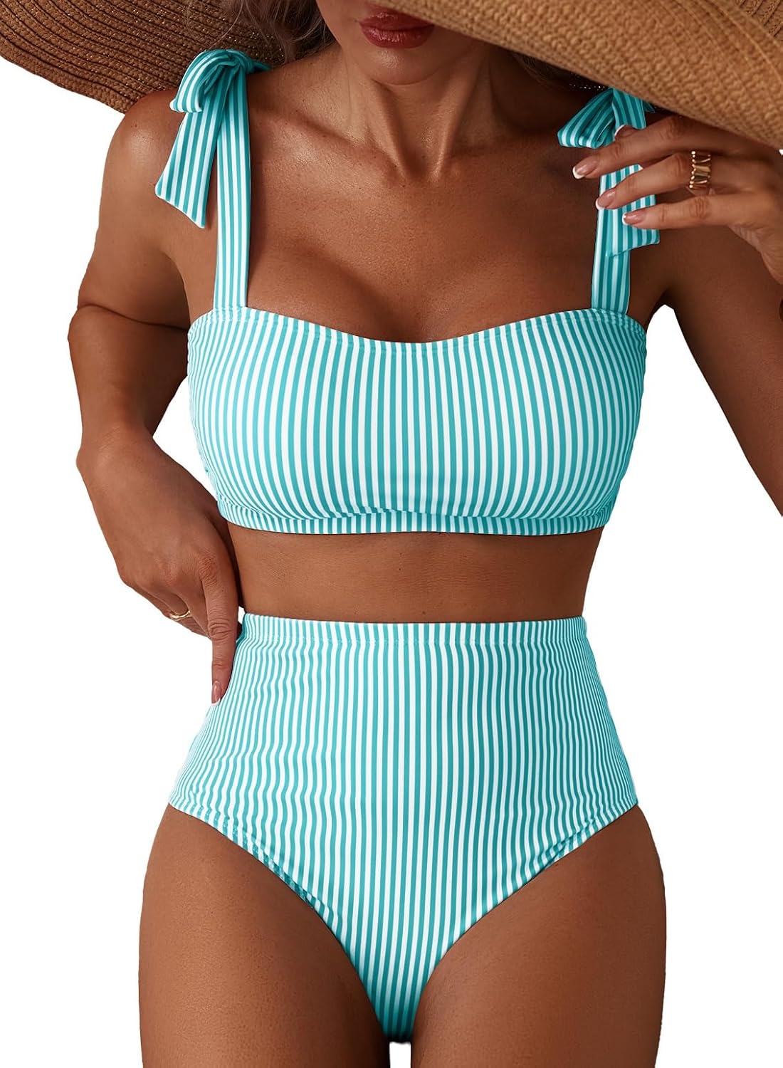 Herseas Women's Tie Shoulder Bikini Sets 2 Piece Striped Swimsuits High Waisted Bathing Suits