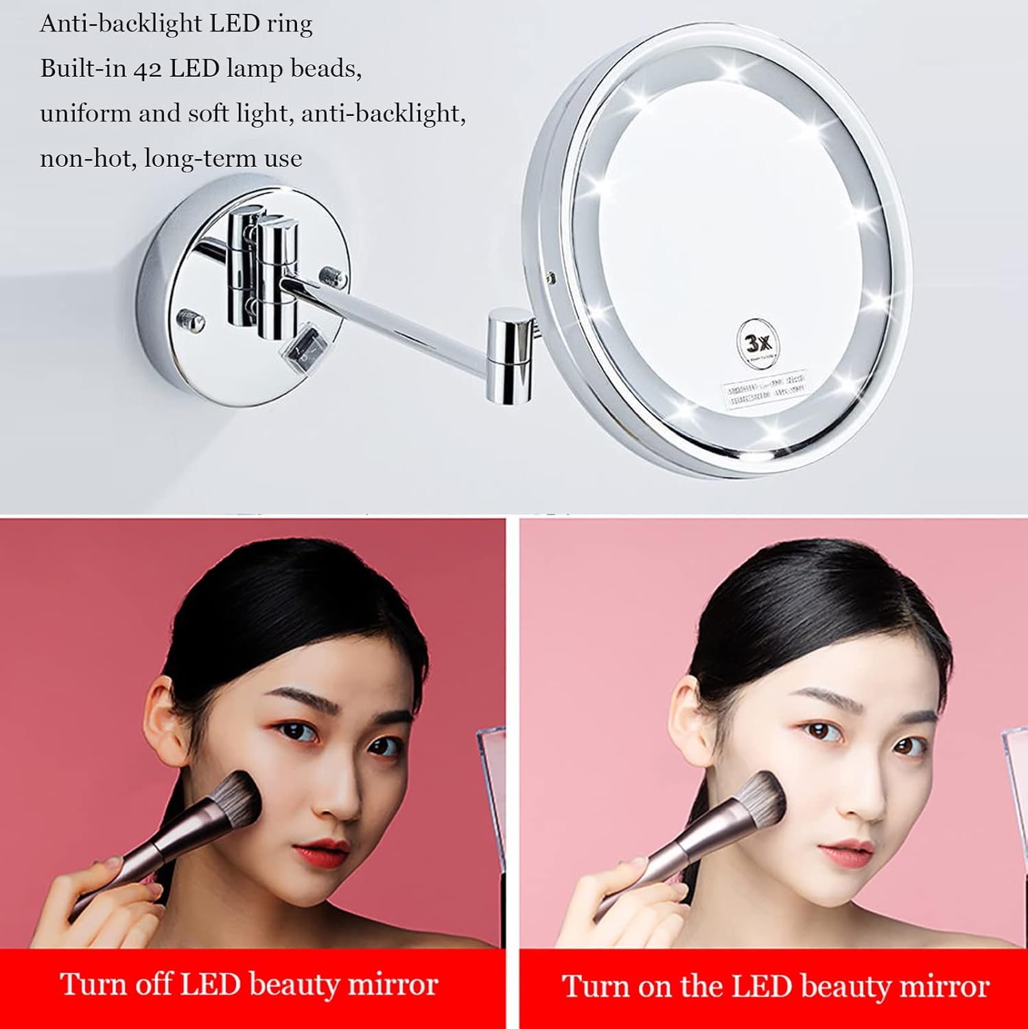LED Makeup Mirror with Lights and 10x Magnification Vanity Mirror Wall Mounted Round Double Sided Vanity Magnifying with 360° Swivel Extendable Arm Make up Mirror,Black,Hard Wired