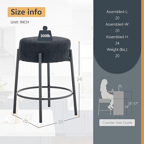 Miniatura 2 de Dolonm Juego de 2 taburetes de bar redondos de 24 pulgadas, tapizados de tela de peluche, sillas Bouclé y sherpa, taburetes de isla de cocina sin