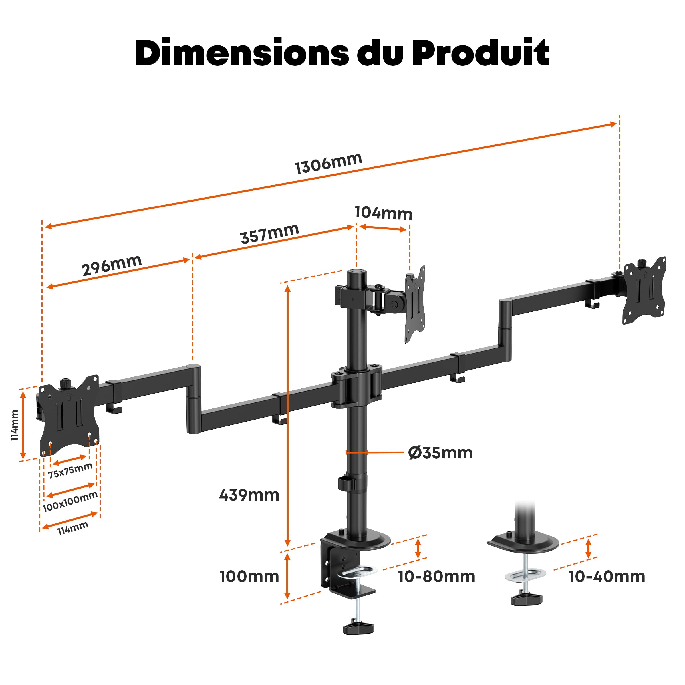 PUTPRSEN Support 3 Moniteurs 27", 10kg par Bras, VESA 75/100