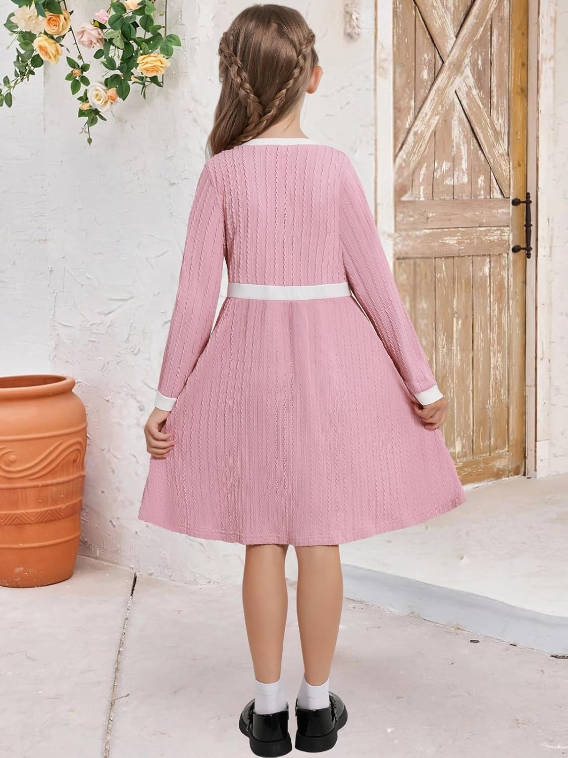 Girls Color Block Long Sleeve Dresses Ribbed Knit Button Front Pleated A-Line Dresses 5-12Y - Image 5