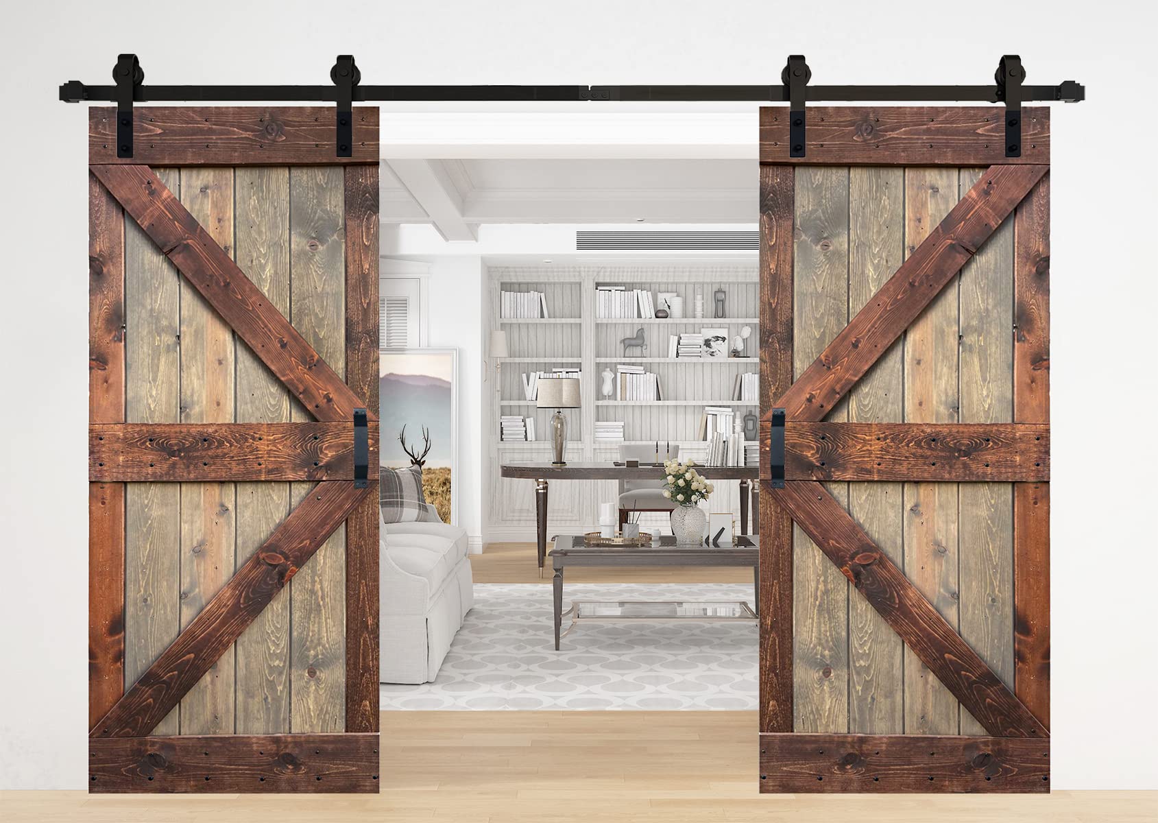 K Series Finished DIY Solid Wood Double Sliding Barn Door with Hardware Kit (Brown/Walnut, 76in. x 84in.)