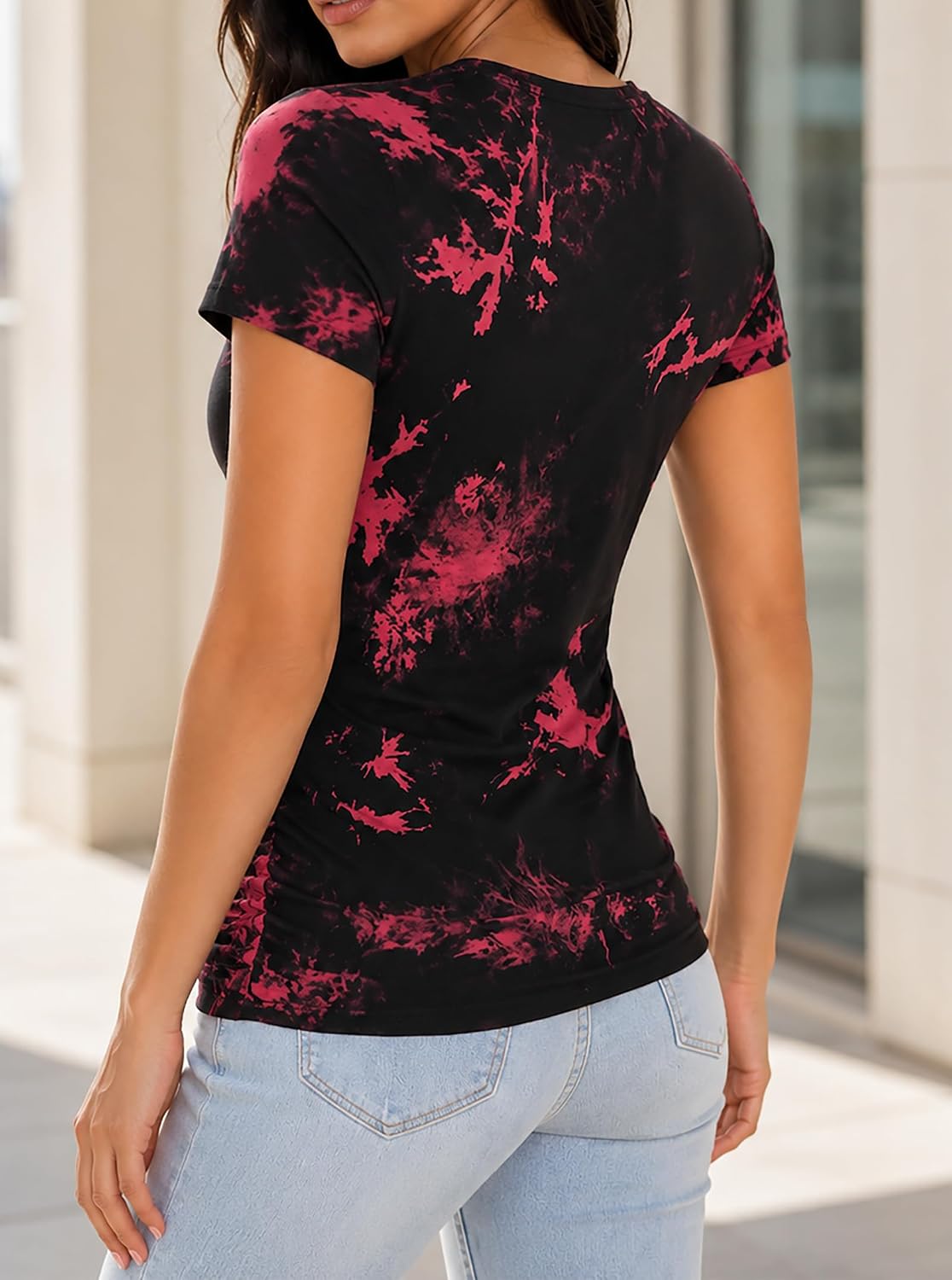 SOFIA'S CHOICE Women Tie Dye Shirts Ruched Side Cap Sleeve Slim Fit Top image 3