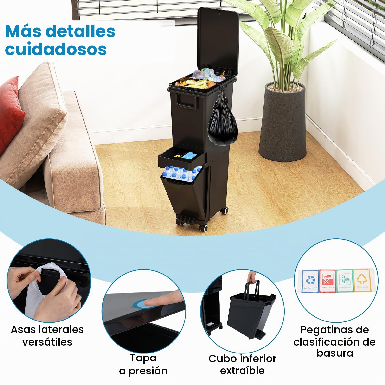 GIANTEX Cubo de Basura Estrecho 3 en 1 con Ruedas, 2 Compartimentos Extraíbles, Cajón Pequeño y Contenedor Inclinable, Bote de Basura con Gancho Laterales, Papelera de Reciclaje de Cocina (Negro)