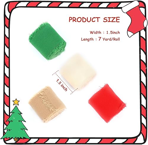 Miniatura 2 de 4 rollos de cinta de Navidad, 1.5 pulgadas x 7 yardas, cinta de gasa de Navidad hecha a mano con flecos para envoltura de regalos de Navidad, boda,