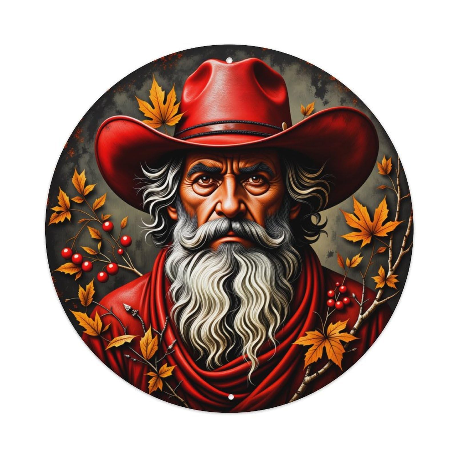 Cowboy Autumn Leaves Red Hat Vintage Metal Tin Sign Retro Wall Decor for Home Bar Garage Cafe, Indoor & Outdoor Decorative，circle Metal Poster, 8x8 Inch