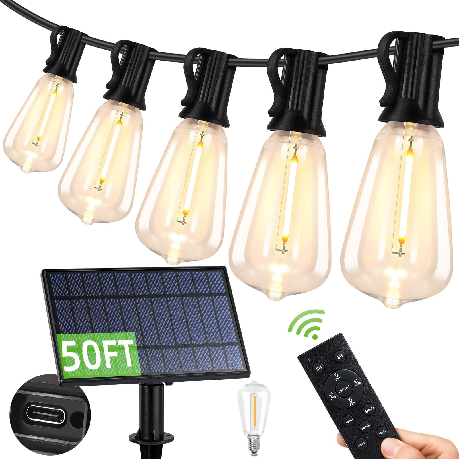 50FT Solar String Lights Outdoor Waterproof, Hanging Solar Lights with 26 Shatterproof ST38 Bulbs, Dimmable Patio Lights Solar Powered with Remote for Outside Balcony Garden Cafe Yard Decor