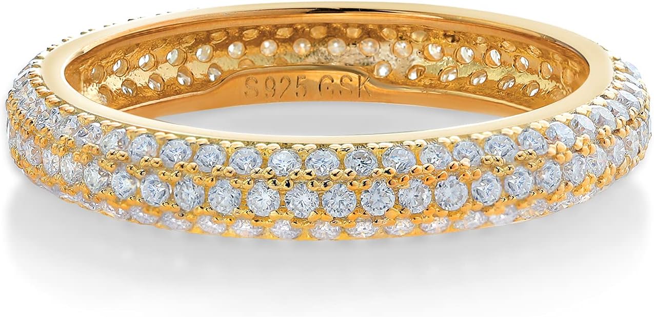 Gem Stone King White Moissanite Ring For Women | 925 Sterling Silver | 3 Rows Micro Pave Wedding Stackable Eternity Band | 1.08 Cttw | Available In Size 5, 6, 7, 8, 9
