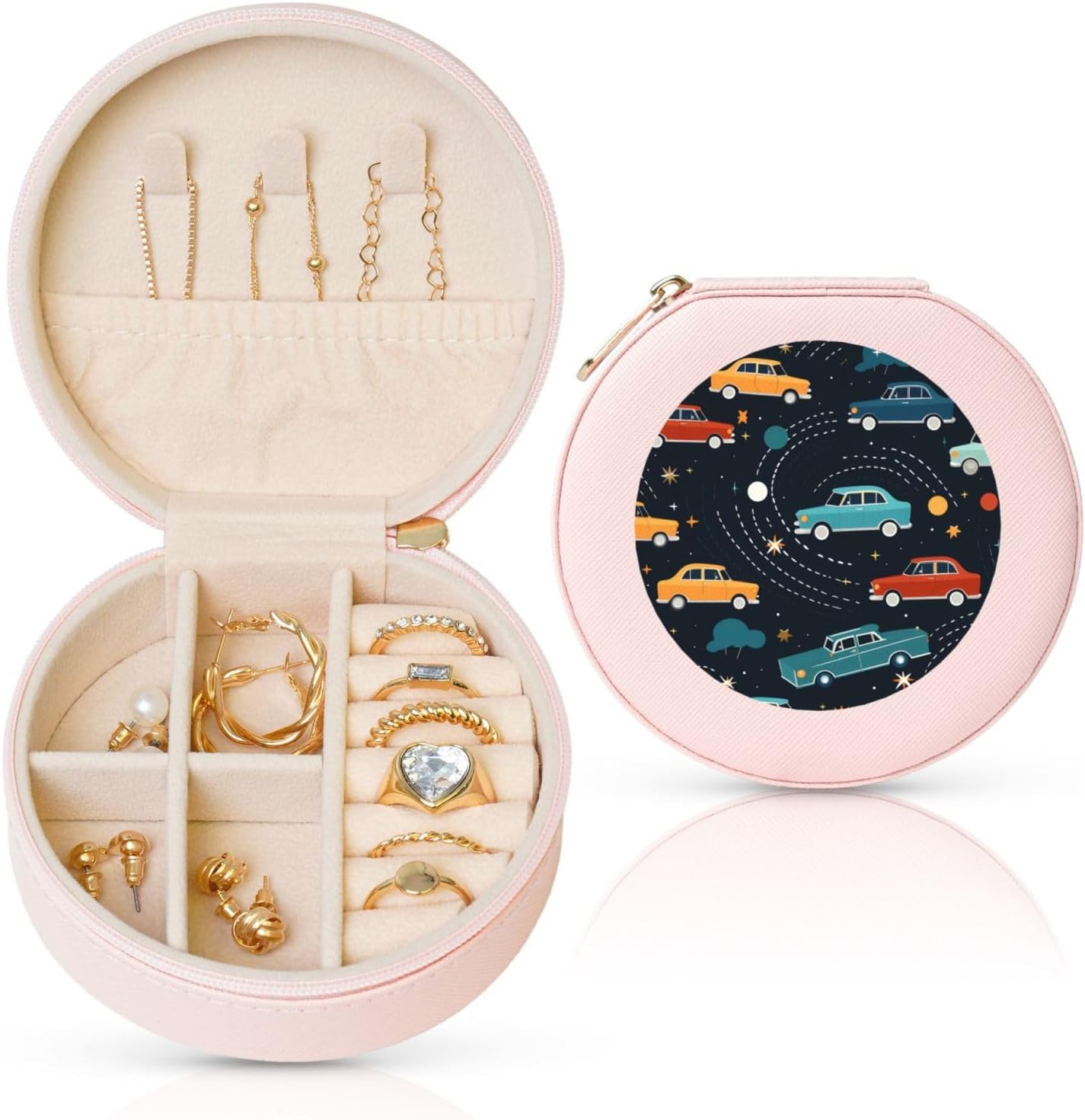 Jewelry Organizer Round Small Jewelry Box Leather Travel Jewelry Case Ring Box Gifts for Women (Cute Cartoon Cars Print)