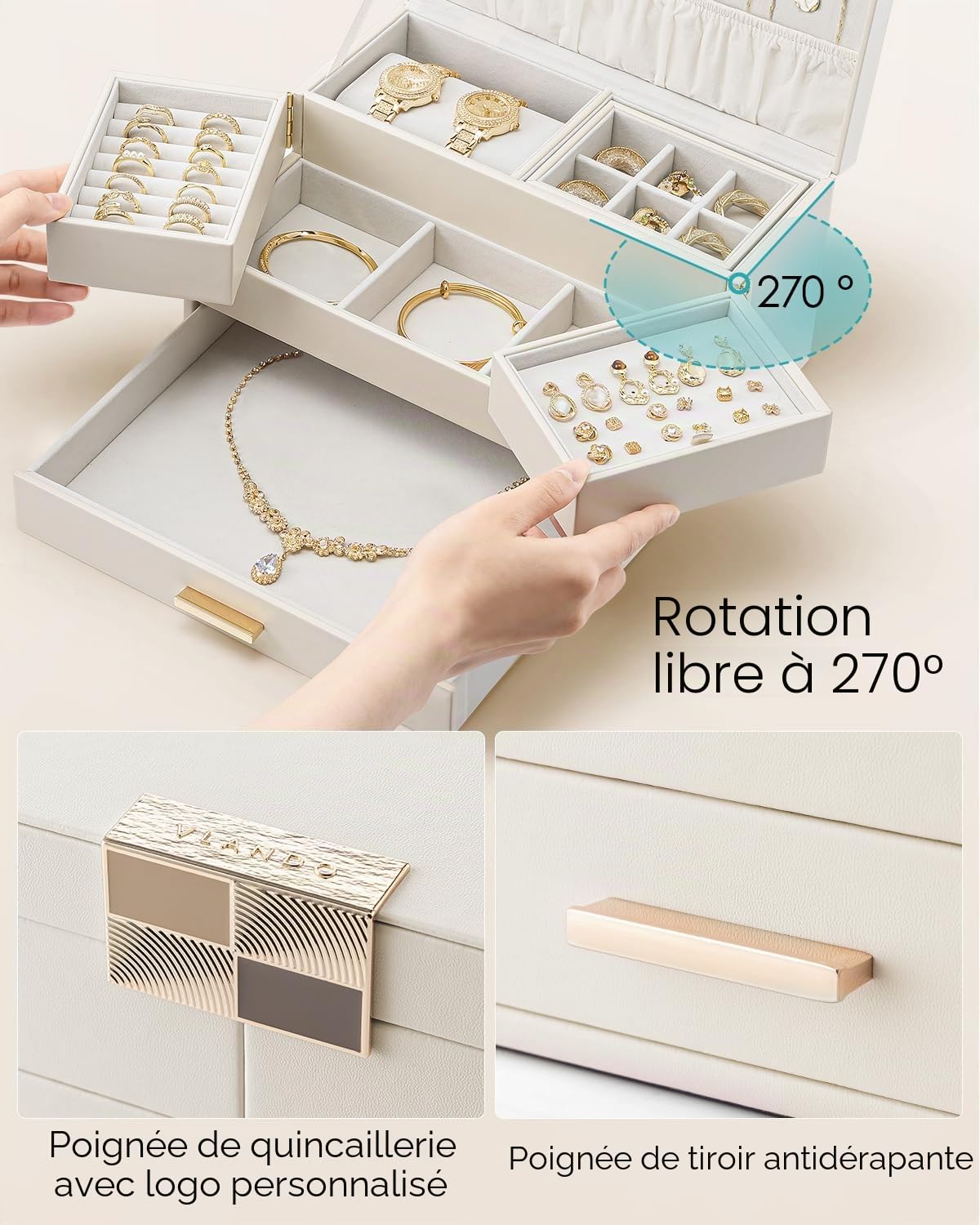 VLANDO Boîte à bijoux grande pour femmes - Organisateur de bijoux avec plateau coulissant - Boîte à bijoux avec tiroir pour colliers, bagues, bracelets, boucles d'oreilles - Pour mères et filles