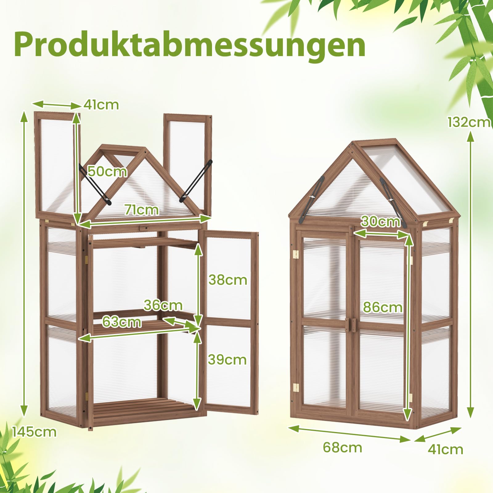 COSTWAY Frühbeet Mini Gewächshaus, 3-stöckiges Pflanzenbeet mit aufklappbarem Dach, Anzuchthaus mit 2 Türen, Treibhaus aus Holz & Polycarbonat, Aufzuchtschrank für Balkon Garten, Braun, 71x41x145cm