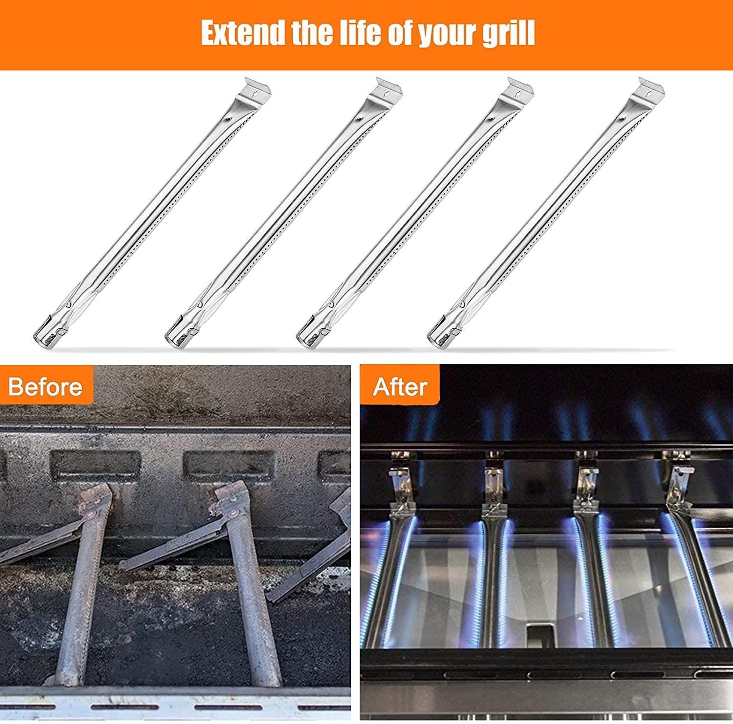 Bar.b.q.s 38,1cm Brûleurs de rechange en acier inoxydable pour Barbecook Siesta, Grill Chef, Kenmore Sears, K Mart, Lowes Gas Grills, Lot de 4
