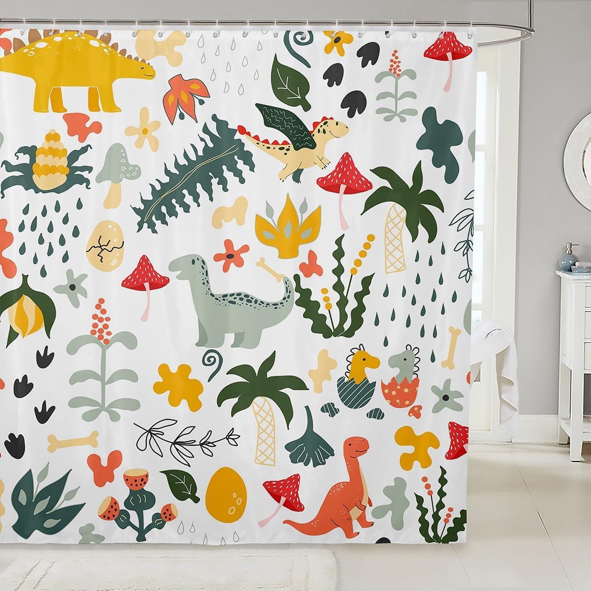 Feelyou Dinos Shower Curtain Cartoon Dinosaur Bath Curtain for Kids Jungle Animals Shower Curtain Kids Toddler Kawaii Cartoon Animals Bathroom Accessories 72"x78"