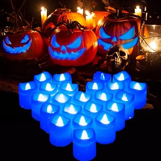 Litake Blue Light Candles, Romantic Blue LED Candles 24 pcs,Flameless White Candles with Blue Flickering Light ,Blue Tealight Votive Candles for Birthday Party Christmas Valentine Halloween Decor