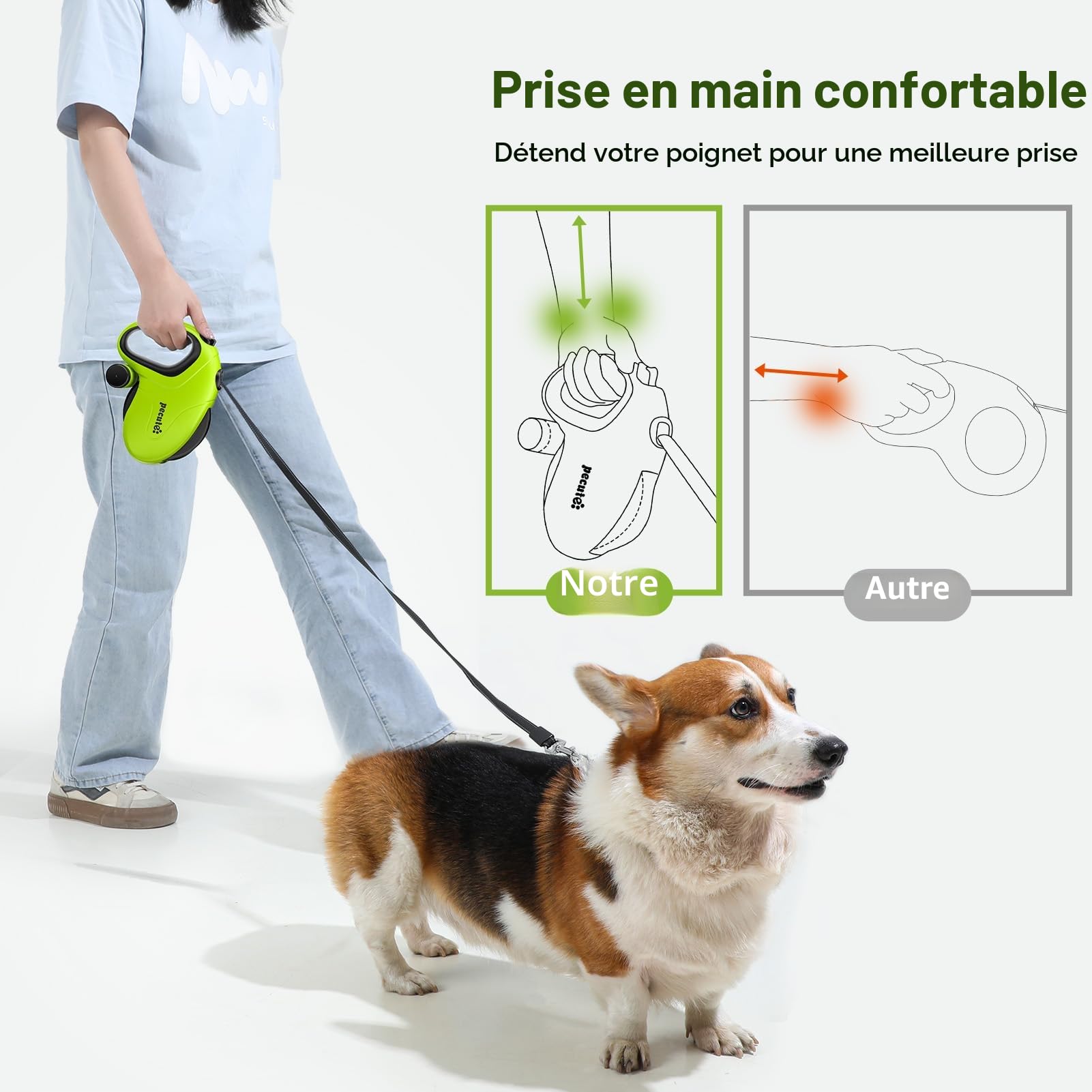 Pecute Laisse rétractable pour Chien avec Support de Sac à déjections Canines, 10 m / 32ft, avec 360 °, Anti-nœuds, poignée antidérapante et Bouton de Frein Rapide, Convient pour Les Chiens pesant