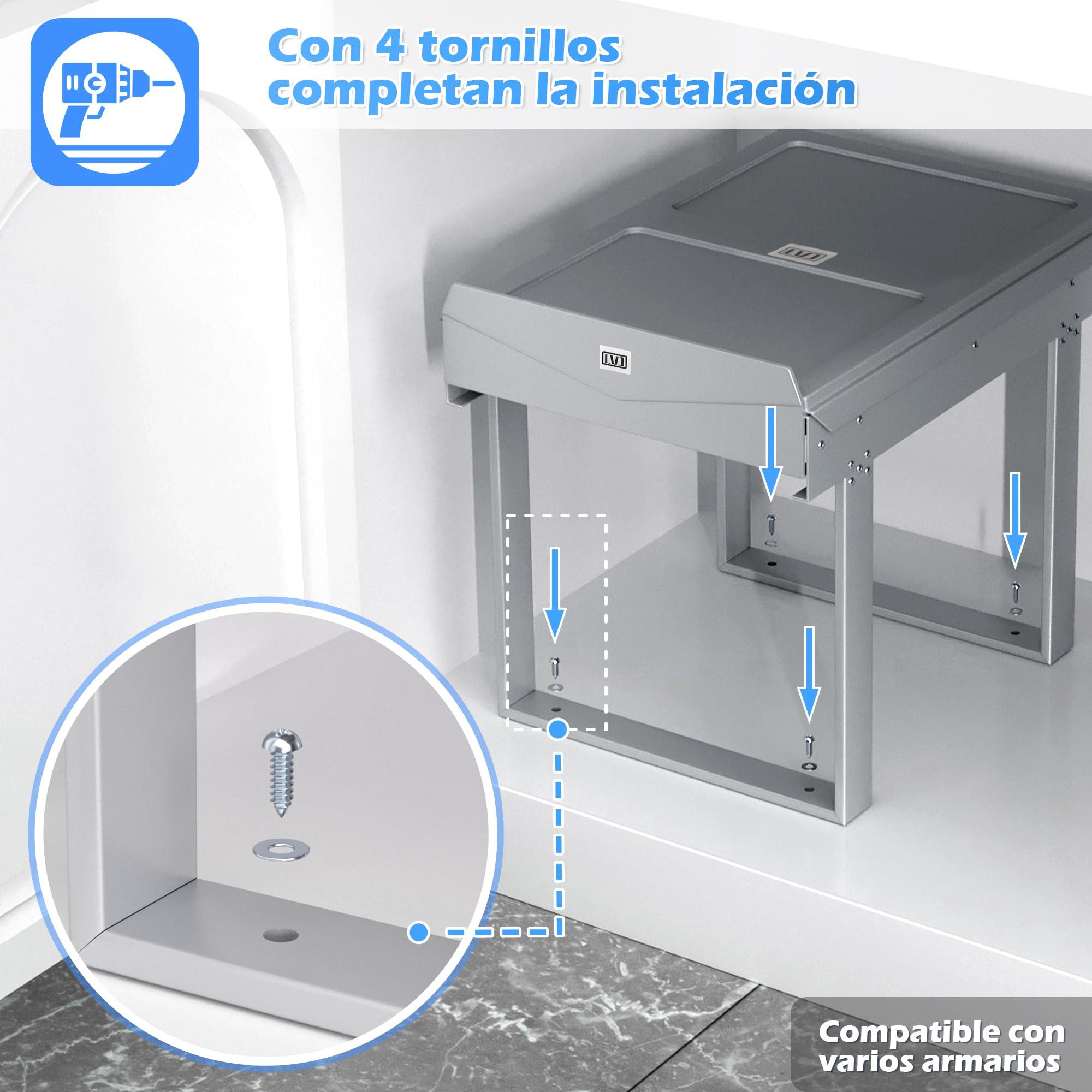 LVJ Mejorado 40L Cubo de Basura Empotrable para la Cocina, Sistema de Separación, 2 Compartimentos, Deslizante, 2 x 20 L, Tamaño: 47.8 x 34.8 x 41.7 cm, Gris