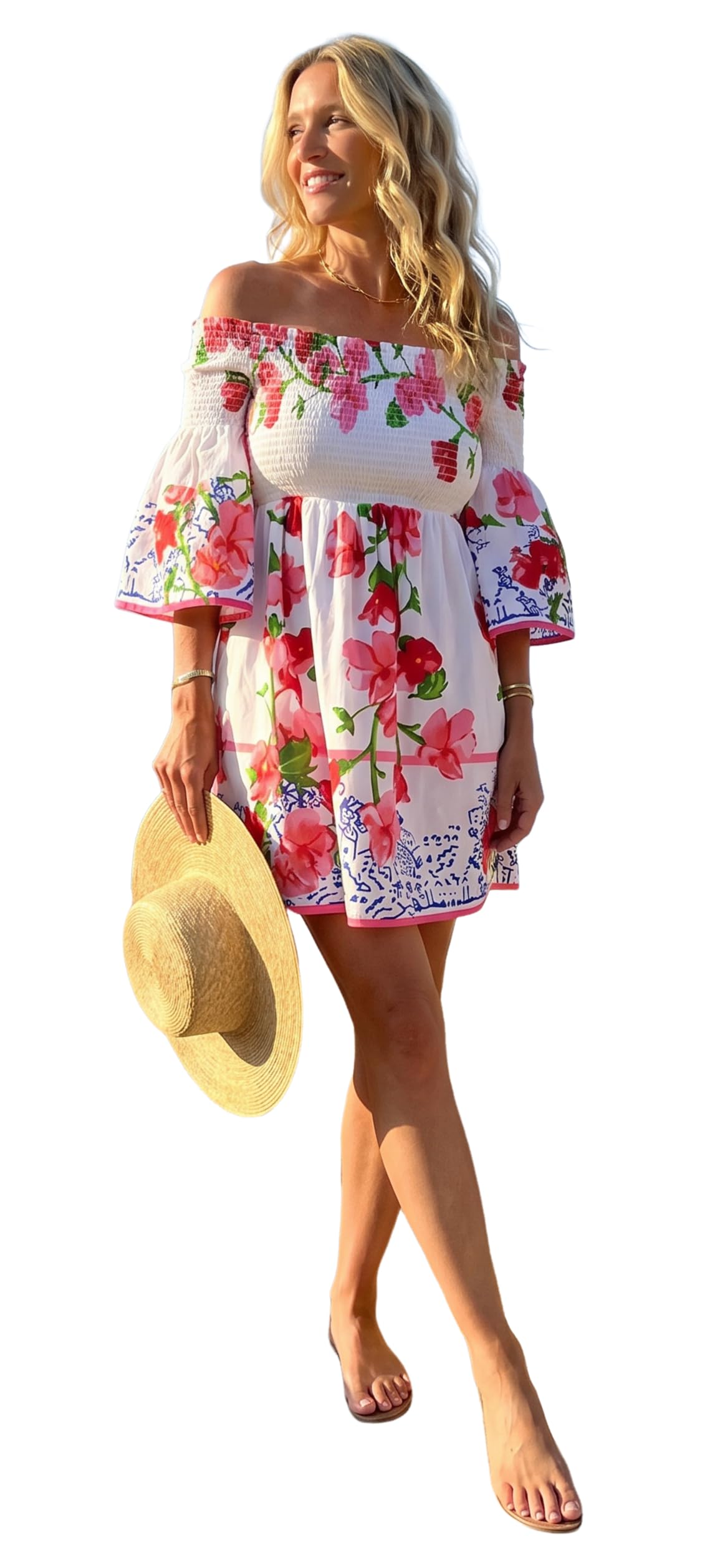 Antica Sartoria - Abito corto da donna, scollo a bardot con spalle scoperte e maniche a volant, stile boho chic, in cotone, estivo