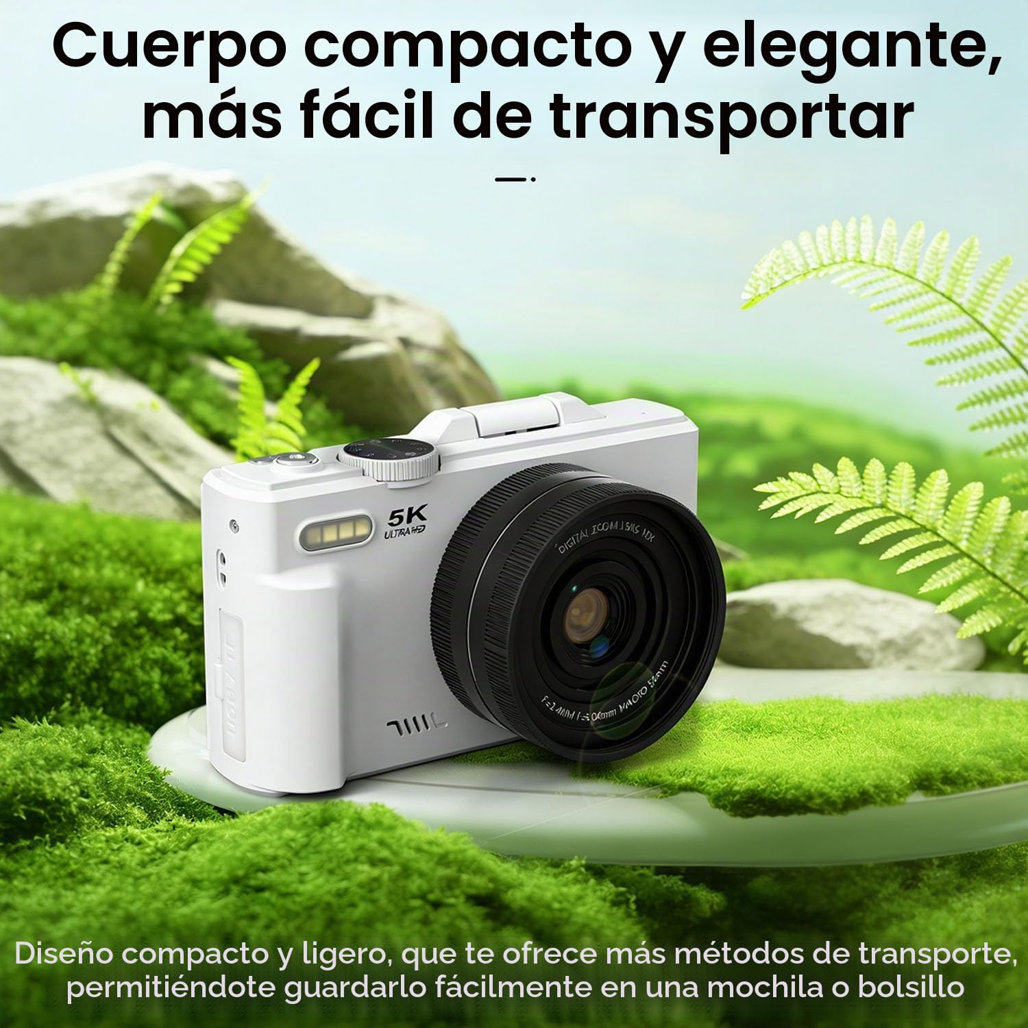 Optinexo 5K Digital Compact Camera, Cámara Digital Compacta 5K con Pantalla Flip y Zoom Digital 16X, Cámara Vlogging Portátil, Cámara de Fotos y Vídeo para Viajes y Creadores (Negro, Sin Tarjeta)