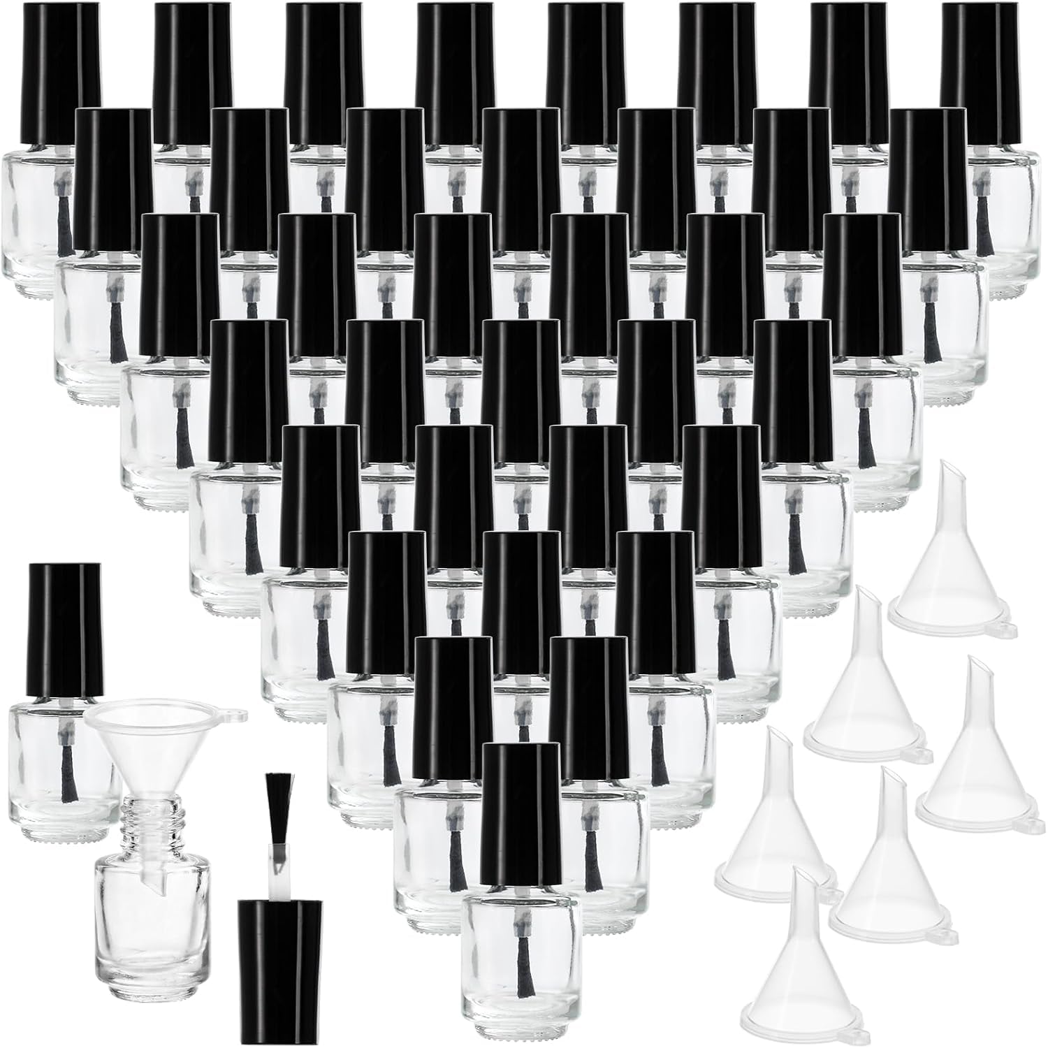ZENFUN Lot de 50 flacons de vernis à ongles vides de 5 ml avec bouchon pinceau, récipients transparents pour vernis à ongles avec 6 entonnoirs en vrac, flacons rechargeables en verre pour nail art
