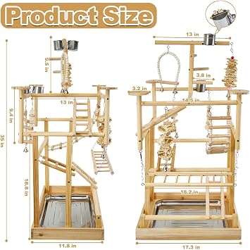 LIMIO Bird Playground - Natural Wood Parrot Playstand with Perches, Bird Play Gym & Accessories, Removable Tray & 4 Stainless Steel Cups