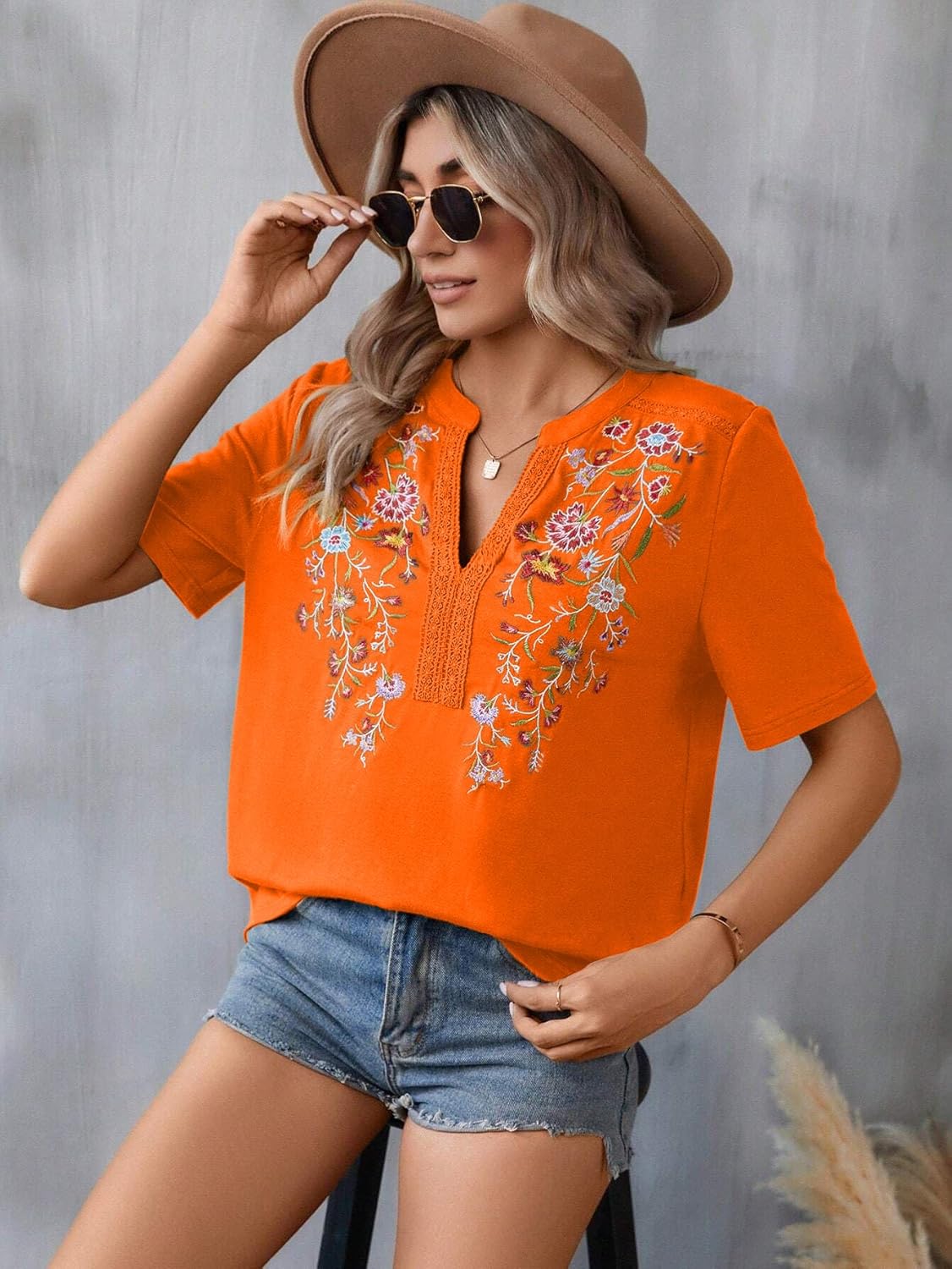 Mexican Shirts for Women Embroidered Tops Traditional Summer Blouse Floral Tunic V Neck Short Sleeve T Shirt Orange - Image 3