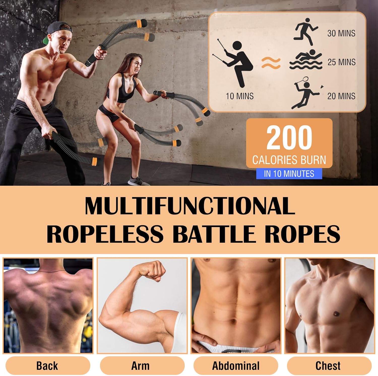 2PCS Ropeless Battle Ropes with Adjustable Weighted Ring-Battle, Cordless Battle Rope for Home Gym, HIIT Workout, Low-Impact Cardio, Strength Training, Portable Fitness Equipment for Women & Men