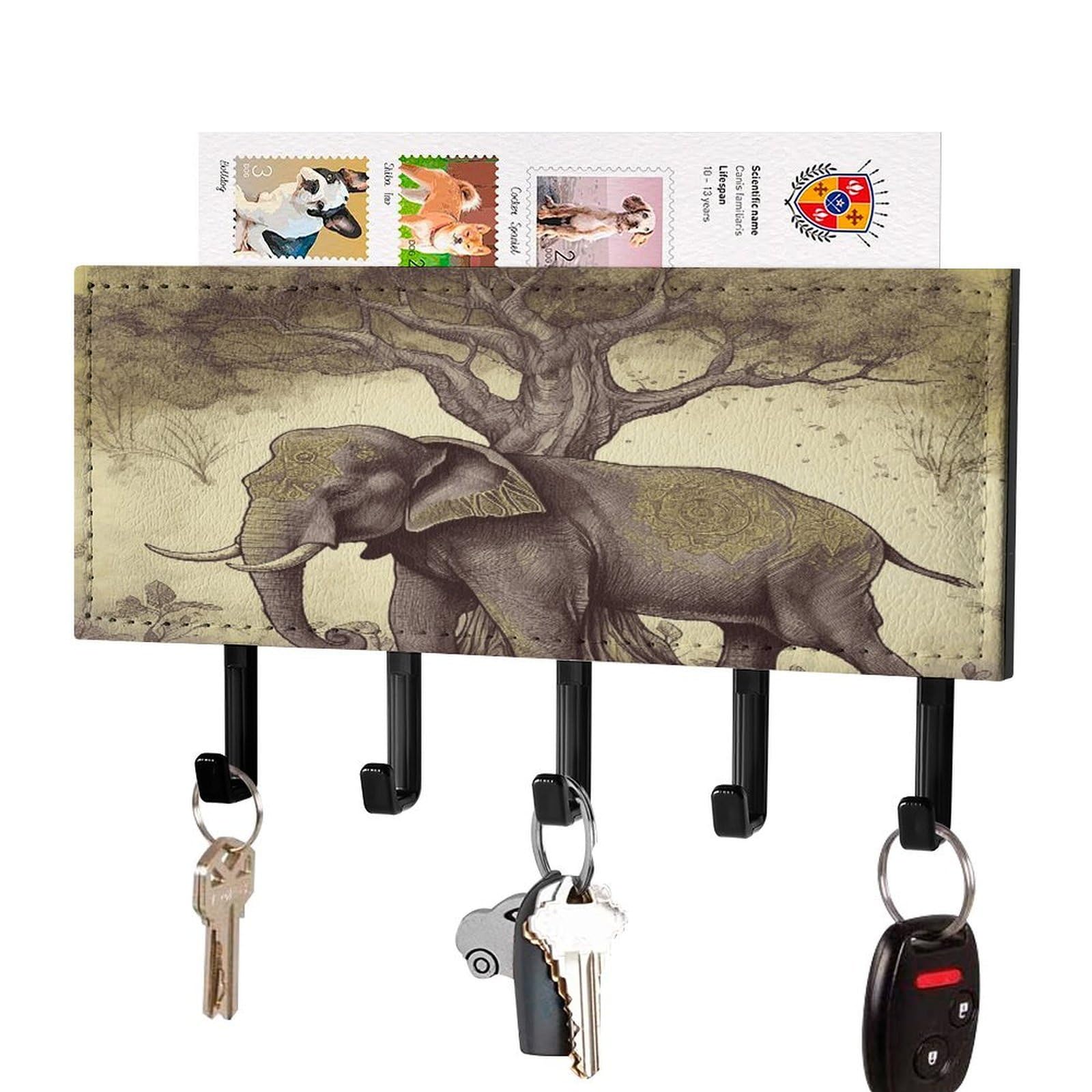 Fekiloot Black-Style Asian Elephant With Tree Key Holder Wall Mount Key And Mail Holder Key Hanger With 5 Hooks Decorative Pu Key Rack Hanging Key Hooks For Wall Living Room Kitchen Bathroom Hallway