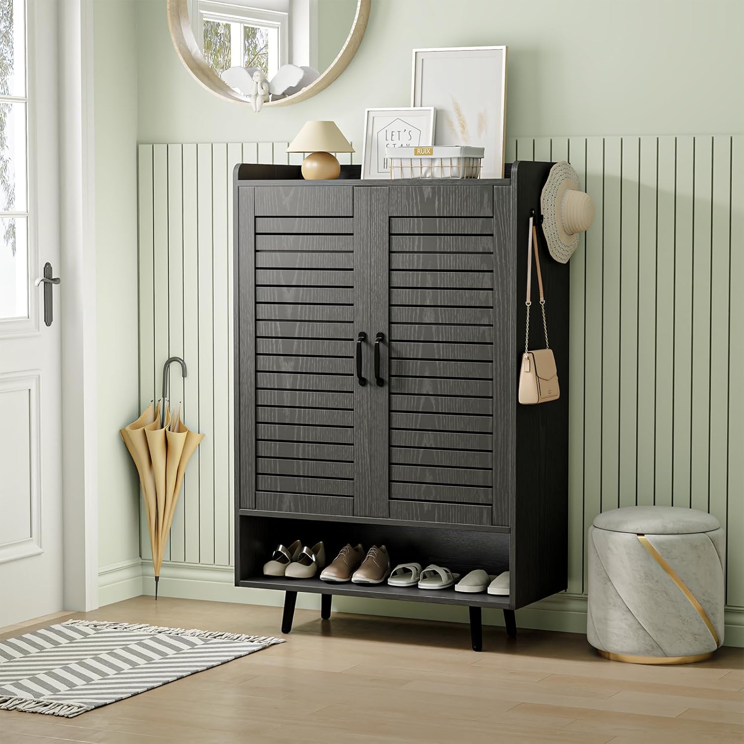 Shoe Cabinet with Doors, 7-Tier Shoe Cabinet Storage for Entryway with Adjustable Shelves, Wooden 46'' Tall Shoe Rack Organizer Cabinet for Front Door, Hallway Closet, Living Room - Black