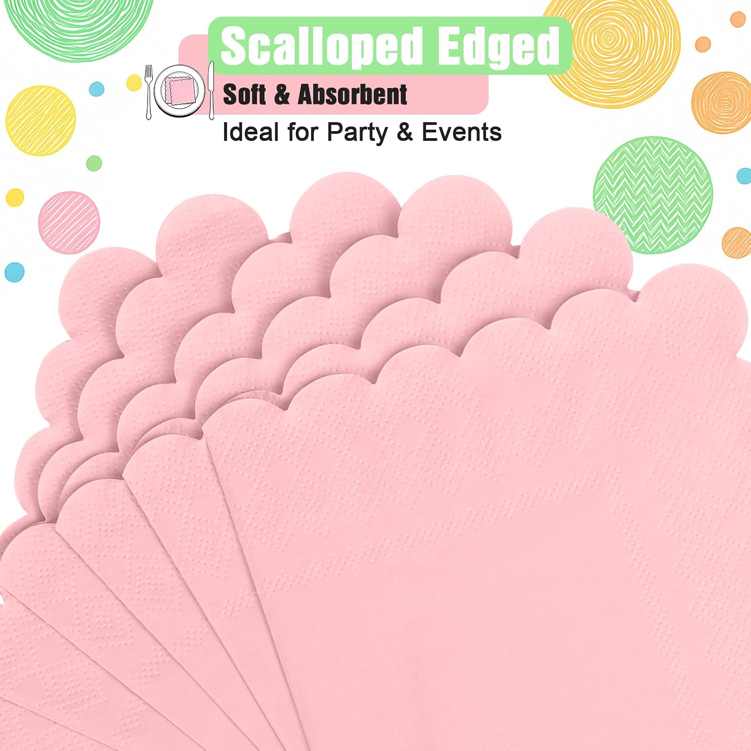 100 Pack Pink Cocktail Napkins 2-Ply Scalloped Edge Folded 5 x 5 Inches image 2