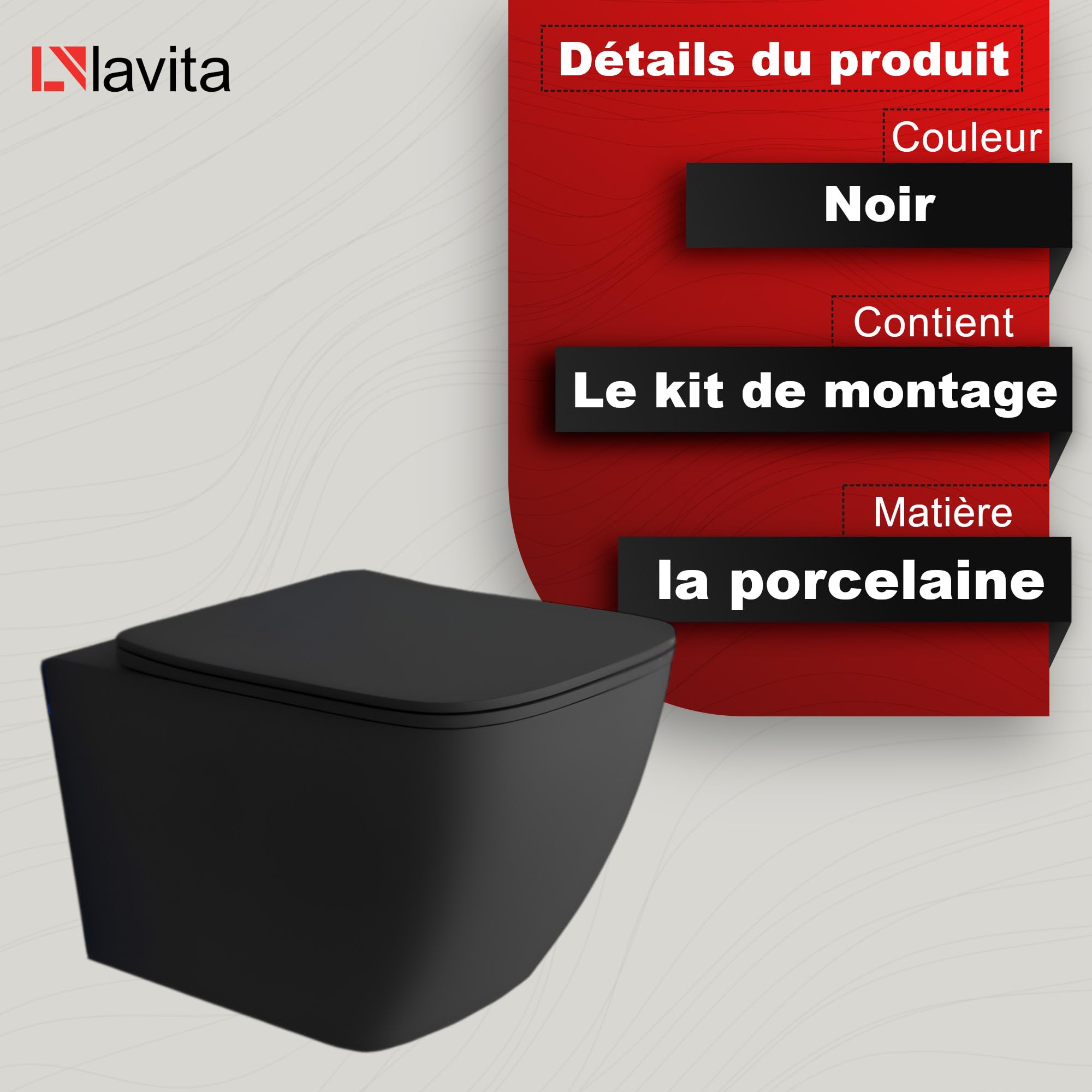 lavita WC Mural Suspendu avec abattant WC avec système d'abaissement Automatique et charnières métalliques, Cuvette Suspendue sans Bord, Noir Lago 340 x 485 x 370 mm, Noir