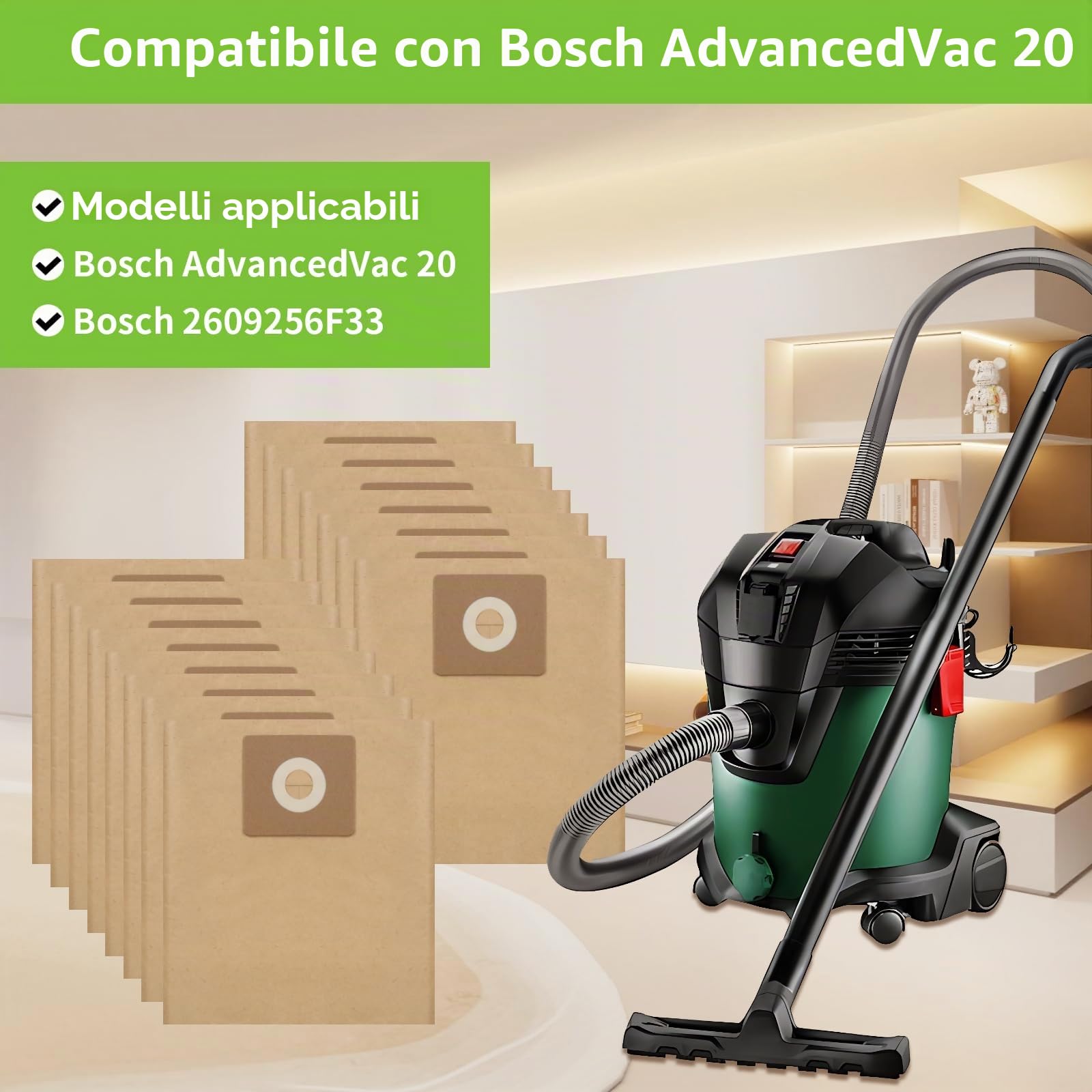 15 sacchetti filtro di carta per Bosch Advancedvac 20 sacchetti accessori