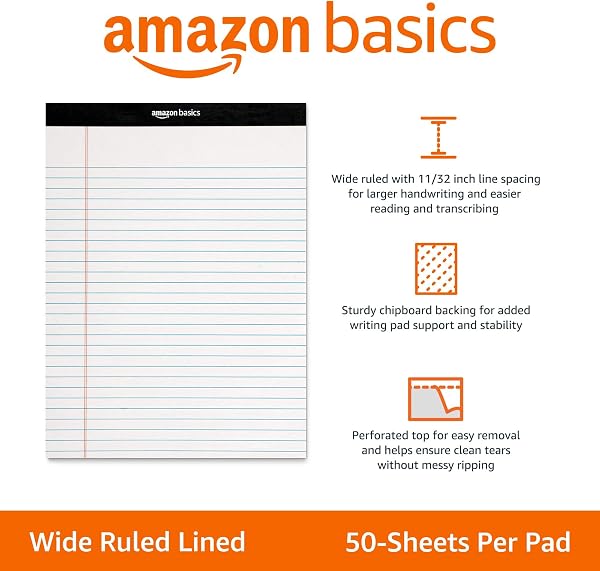 A stack of white Amazon Basics wide ruled notepads, showcasing their standard letter size and cardboard backing.