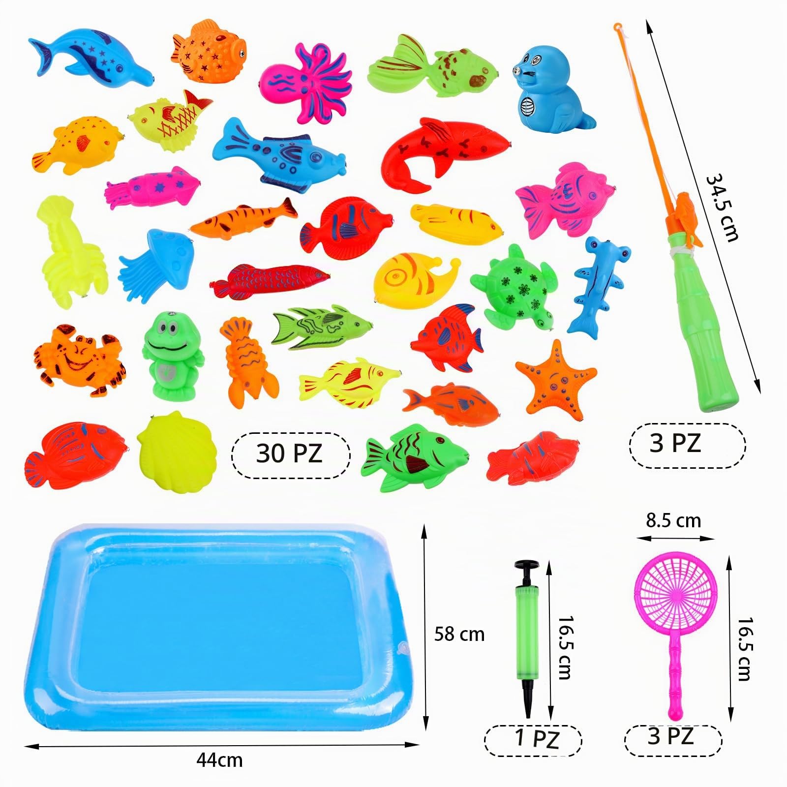 Tigvio Giocattoli da pesca, 42 pezzi, gioco da pesca magnetica, giocattolo acquatico per bambini, vasca gonfiabile, 3-6 anni, multicolore