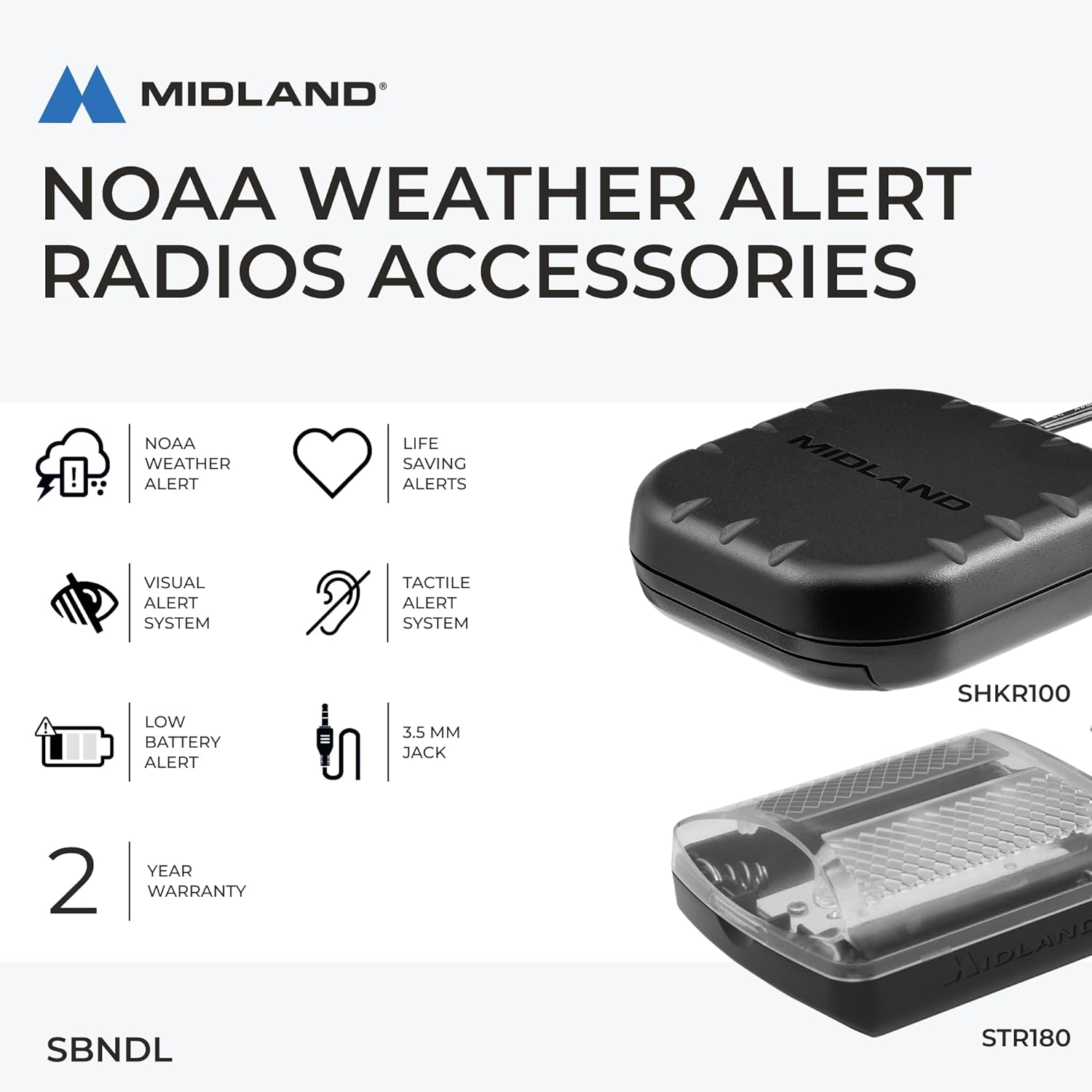 Midland – SBNDL NOAA Weather Alert Radios Accessories – STR180 Strobe Light and SHKR100 Pillow Shaker with Y Cable – Visual and Textile Emergency Alert Notification for Deaf and Hard of Hearing