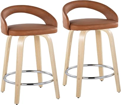 LumiSource Grotto Upholstered 24" Fixed-Height Counter Stool Set of 2, Stools for Kitchen Counter, Counter Height Chairs, Bar Stools Set of 2 Camel Faux Leather