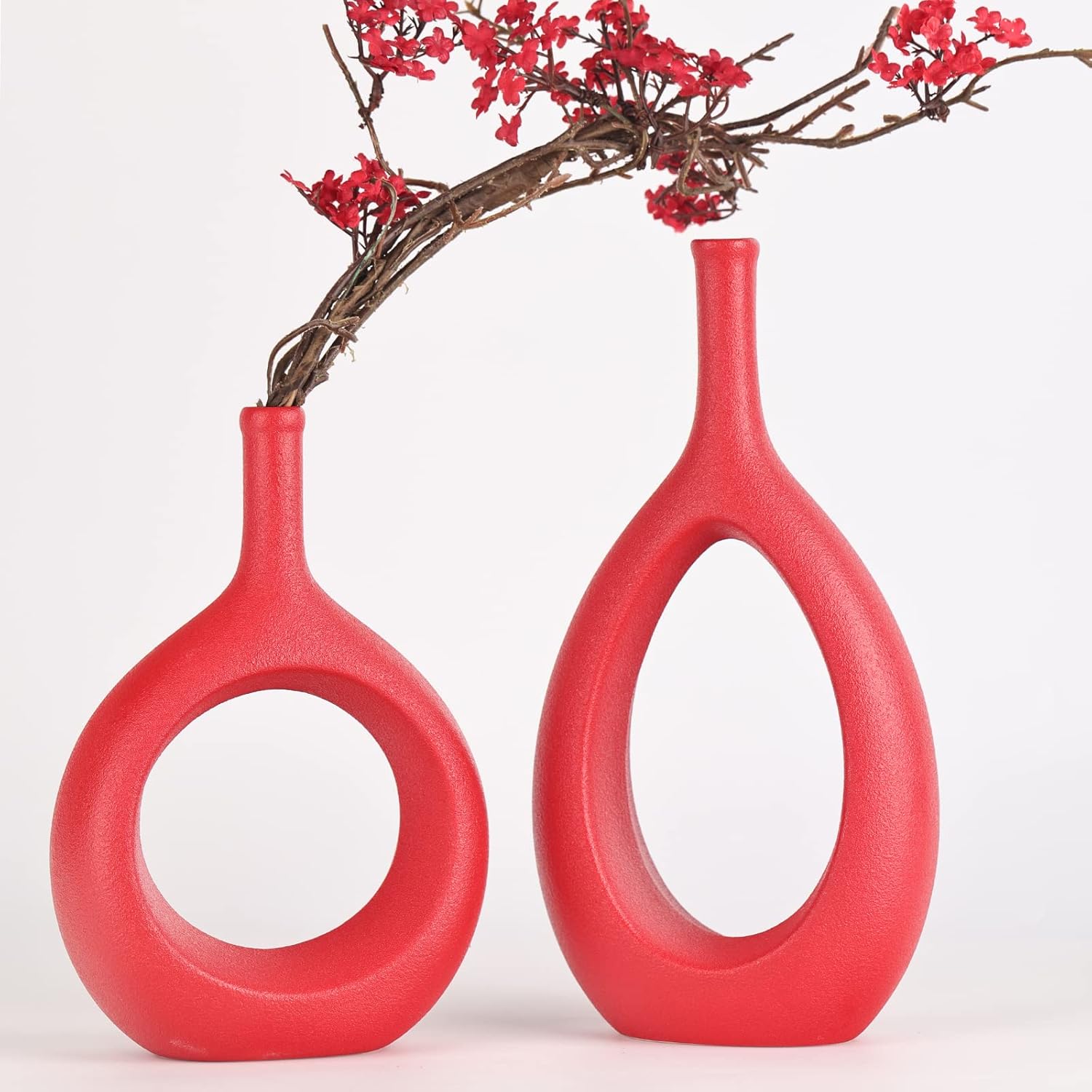 Red Ceramic Hollow Elliptical Vase Set of 2 - Boho Circle Vase with Hole, for Modern Red Table Decor, Living Room Decor Shelf mid Century Modern Home Entrance Decorative vase - Image 7